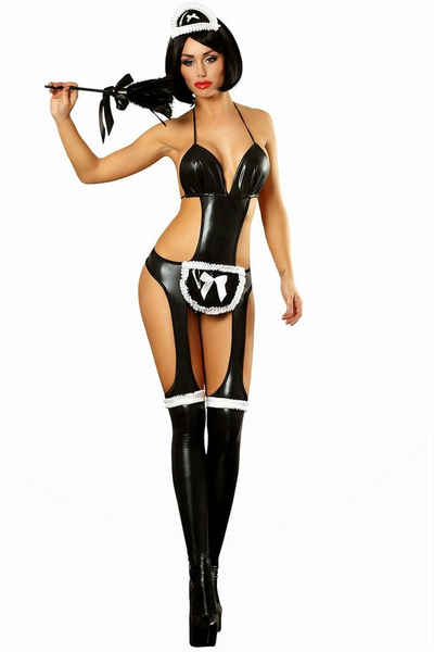 Lolitta Kostüm 3-tlg. Dienstmädchen Kostüm Fancy Maid Outfit : Bodystocking mit Schürze, Kopfhaube (Haarreifen), 2 Strumpfbändern, schwarz, Made in EU