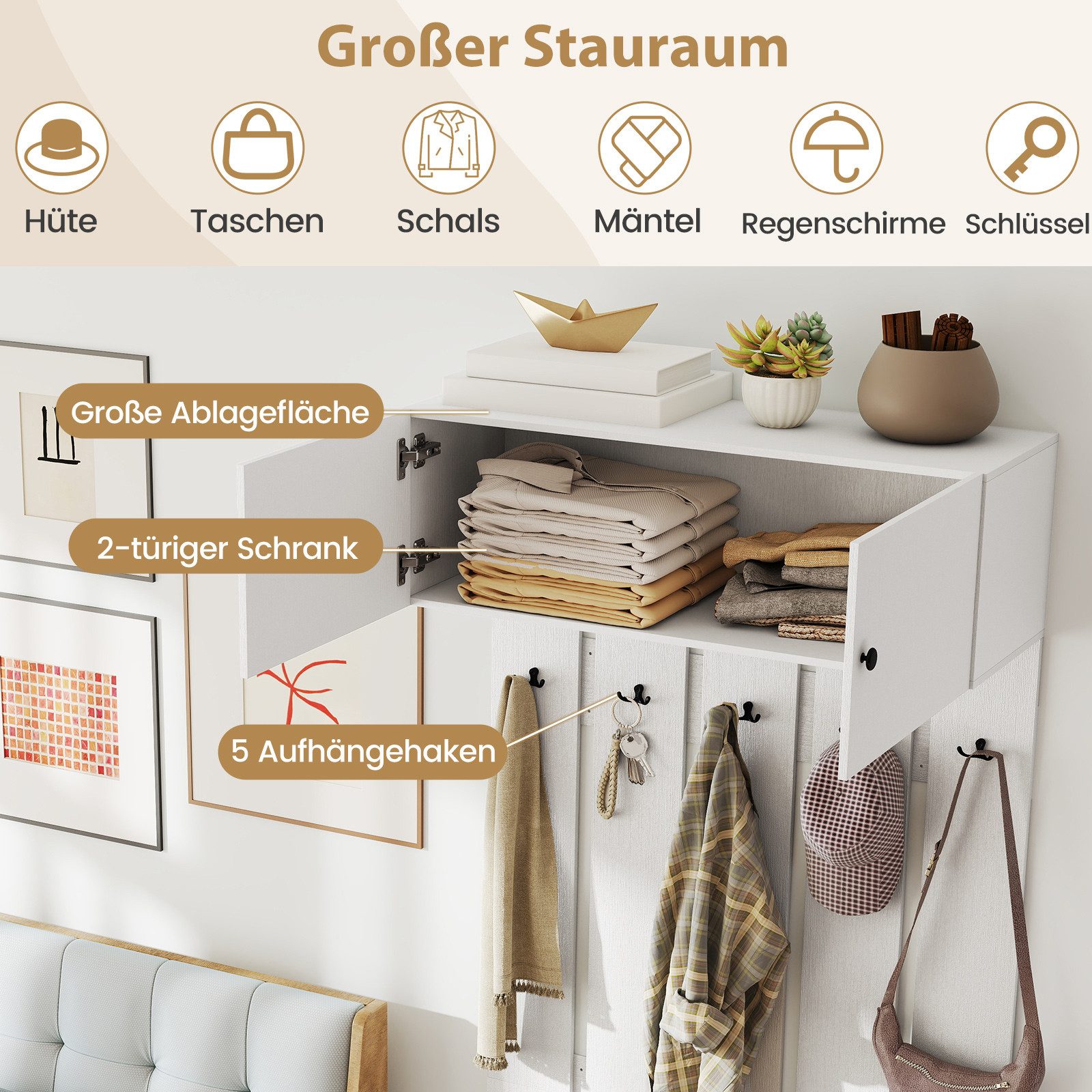 COSTWAY Wandgarderobe, Garderobenpaneel, Wandregal, mit 5 Doppelhaken günstig online kaufen