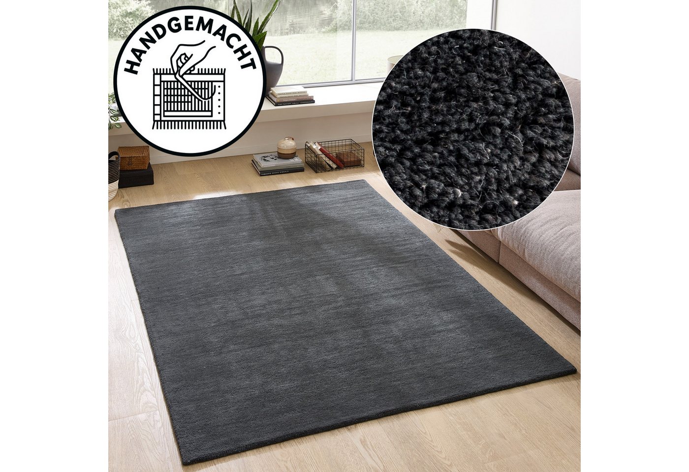 OTTO home Wollteppich Gabbo Natur, Handgefertigt, Teppich, reine Wolle, meliert, rechteckig, Höhe: 14 mm, reine Wolle, Uni, Wohnzimmer, Schlafzimmer, Esszimmer