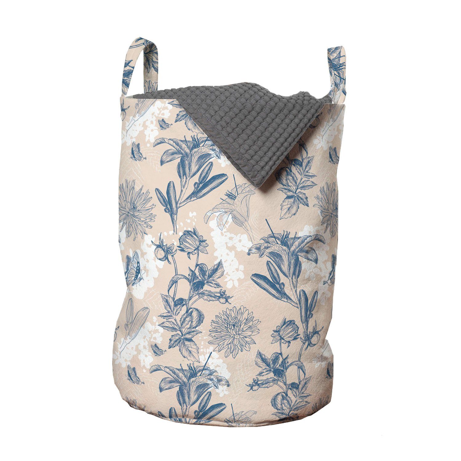 Abakuhaus Wäschesäckchen Wäschekorb mit Griffen Kordelzugverschluss für Waschsalons, Blumen Retro Blumen Schmetterlinge
