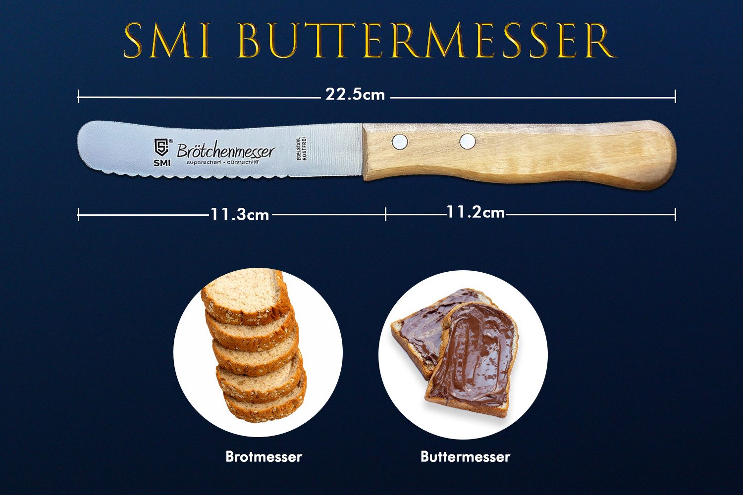 SMI Brötchenmesser Buttermesser Wellenschliff Buchenholz Frühstücksmesser Buckelsmesser, nicht spülmaschinenfest
