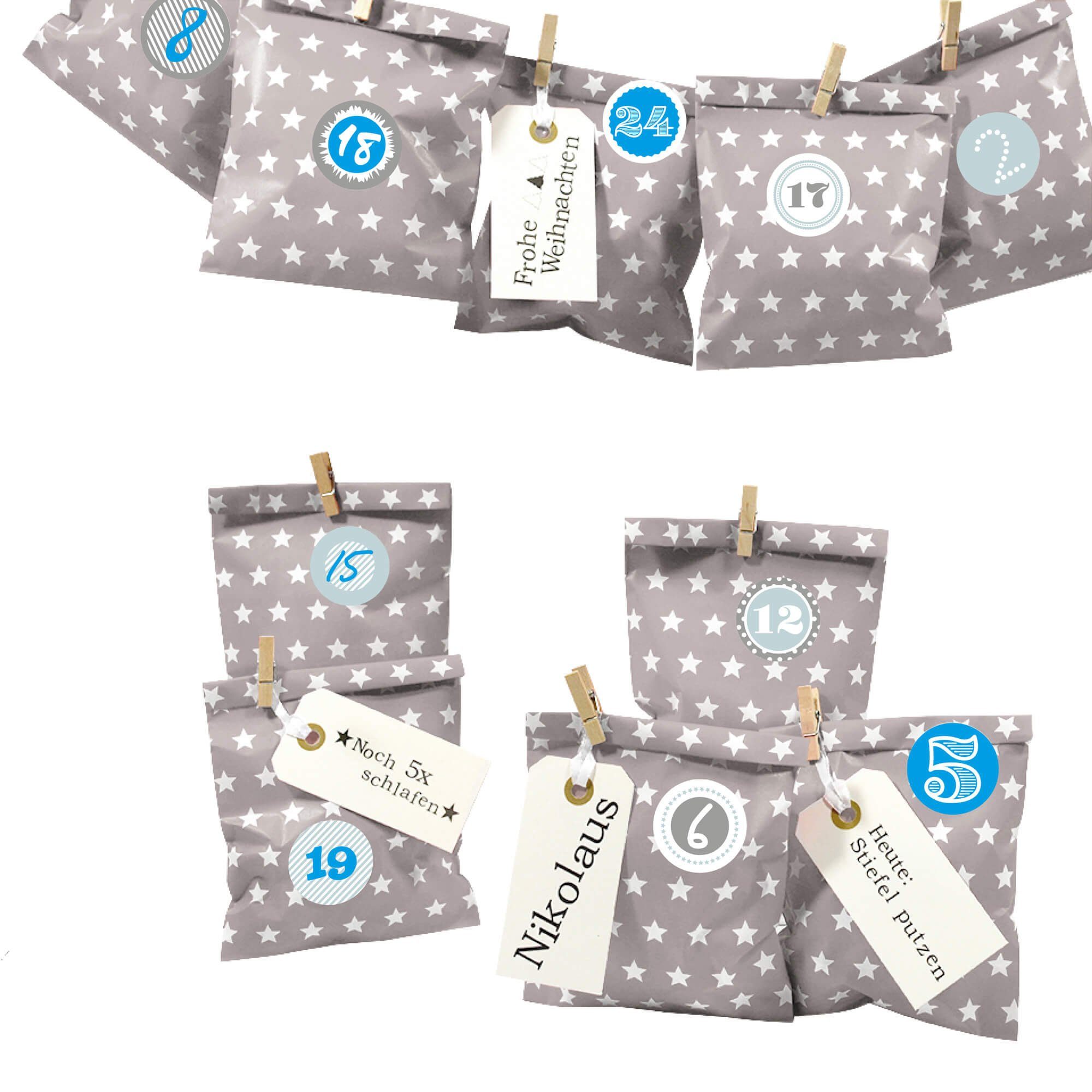 Frau WUNDERVoll befüllbarer Adventskalender Adventskalender Bescherung, taupe Stern, Ziffern blau