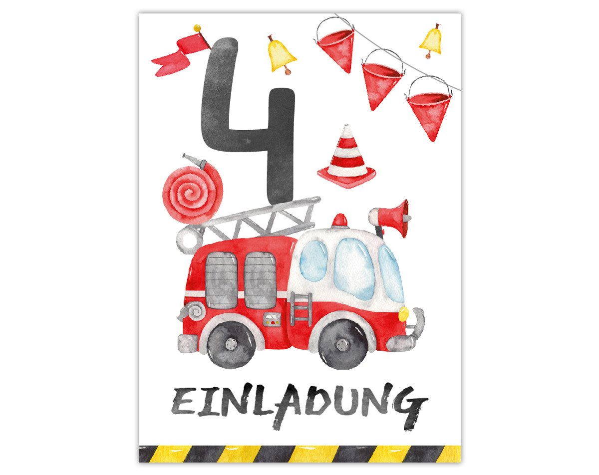 JUNAPACK Einladungskarten Feuerwehr Einladungen zum 4. Kindergeburtstag Feuerwehrmann Karten, Einladungskarten mit Feuerwehr Motiv für Kinder zum vierten Geburtstag