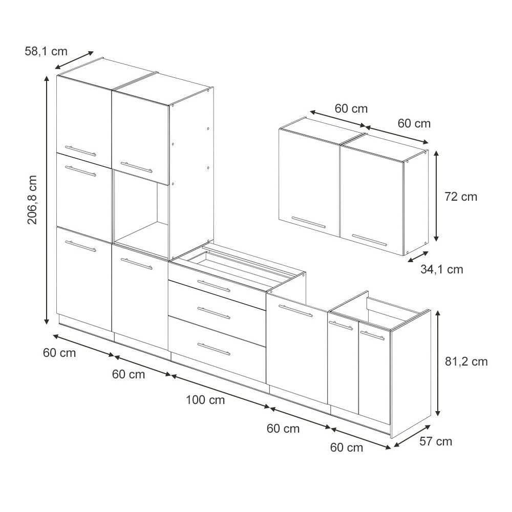 Vicco Küchenzeile Fame-Line, Goldkraft Eiche/Goldkraft Eiche, 340 cm ohne Arbeitsplatte