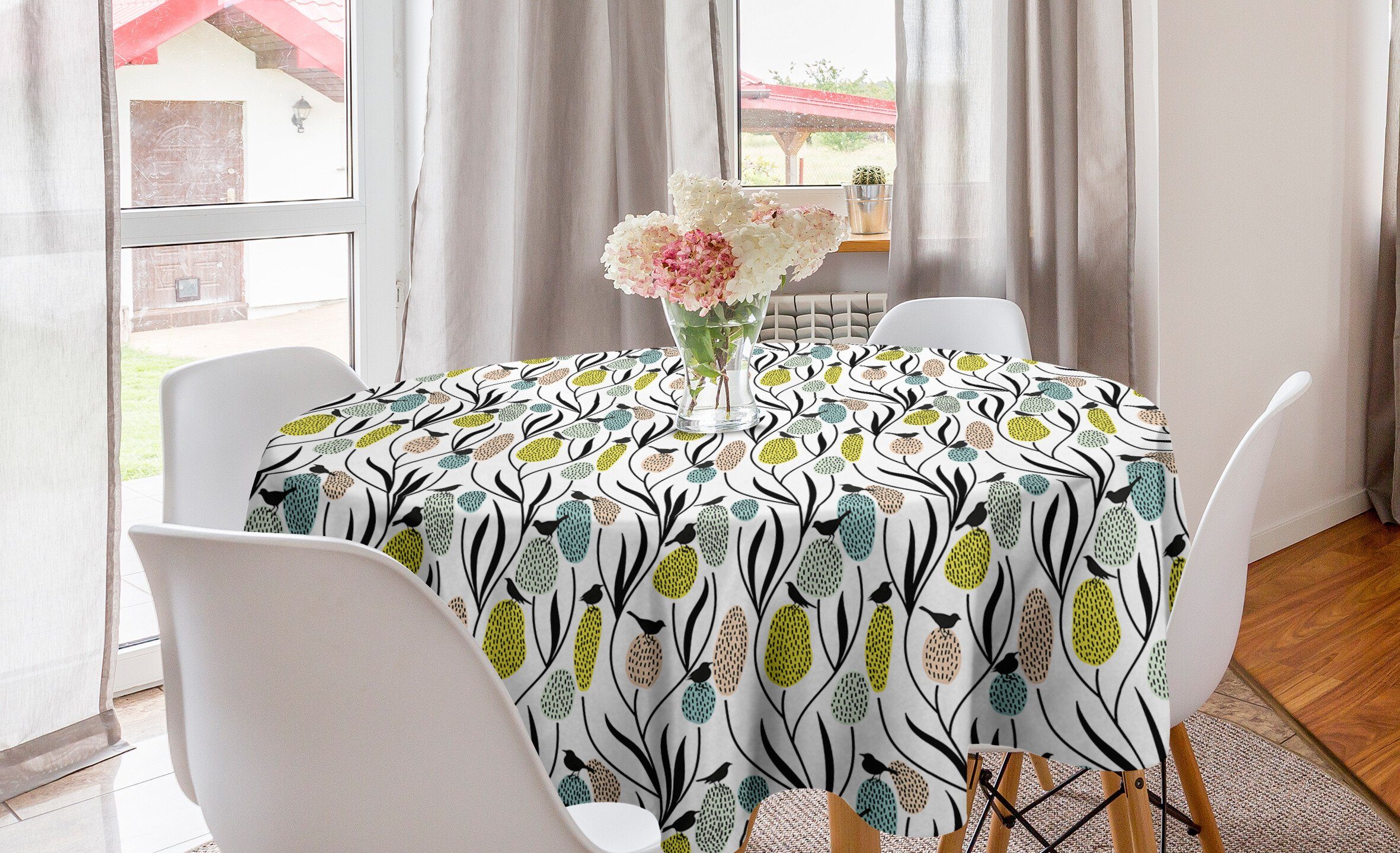 Abakuhaus Tischdecke Kreis Tischdecke Abdeckung für Esszimmer Küche Dekoration, Frühling Vögel und Pflanzen Abstrakt