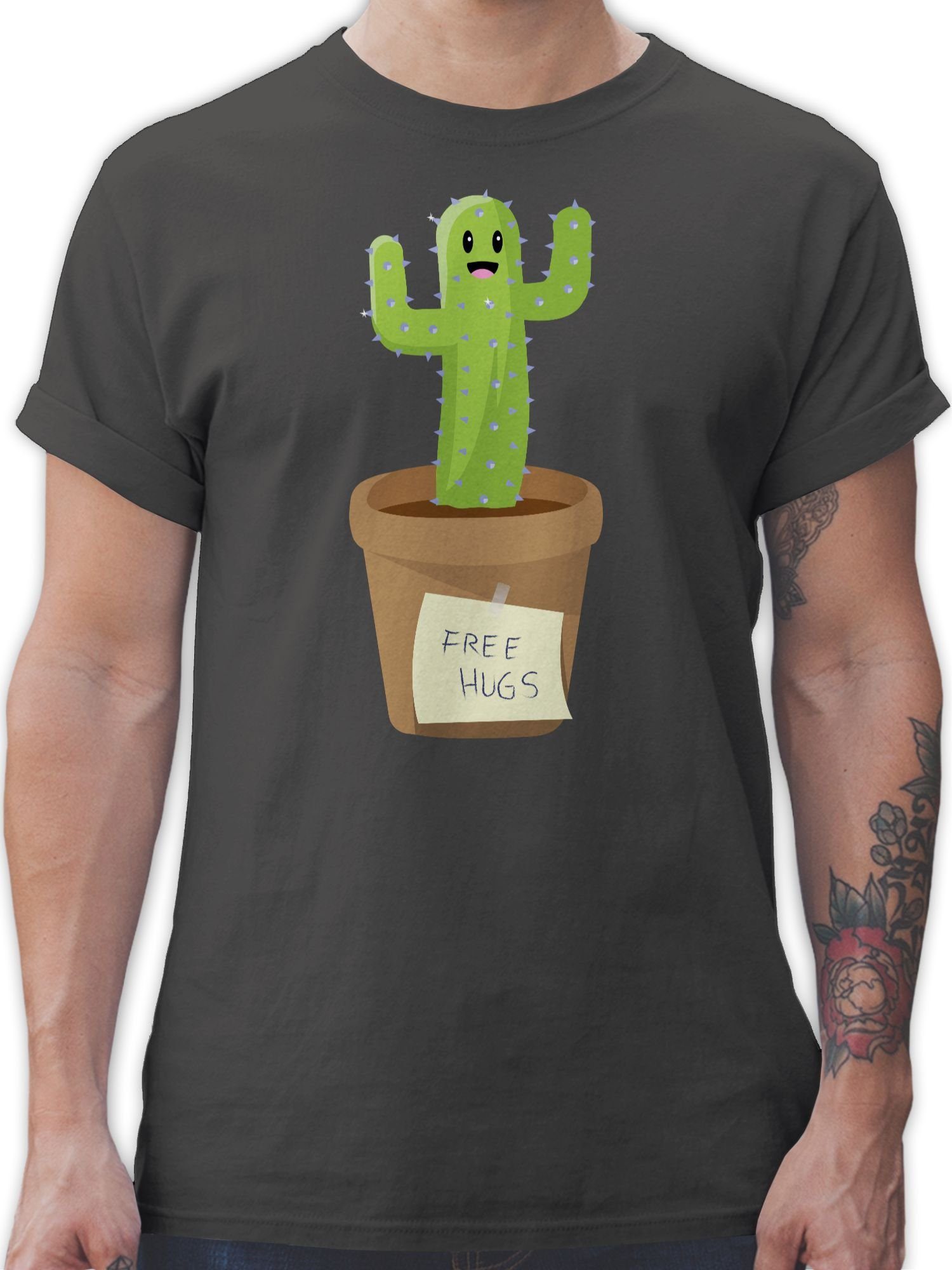 Shirtracer T-Shirt Free Hugs Kaktus Sprüche Statement 01 Dunkelgrau
