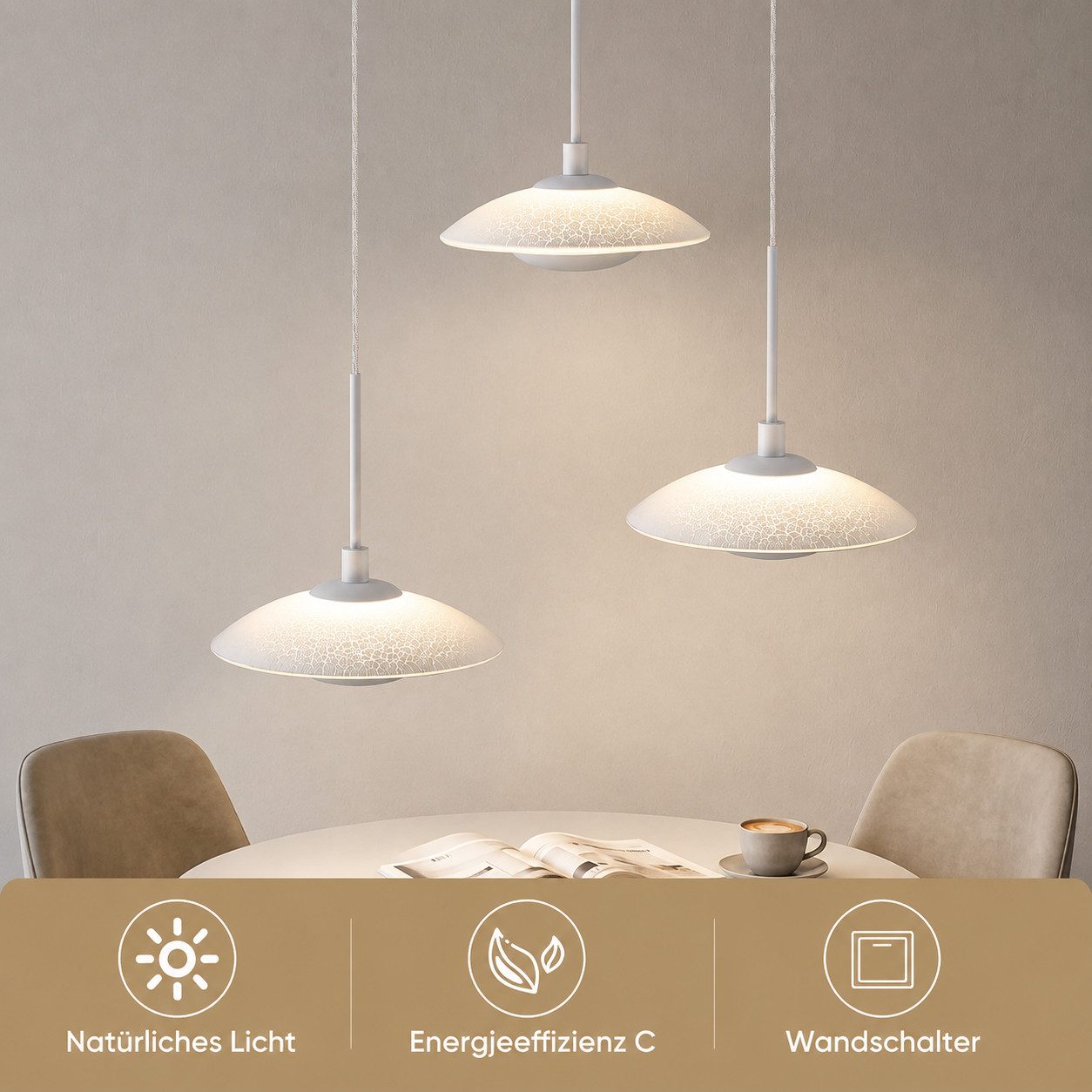 BlingBin LED Pendelleuchte Esstisch Hängelampe 3 Flammig mit Glas, elegante Sandweiß 17W, Rund-3Flammig, LED fest integriert, Höhenverstellbar Pendelleuchte- für Wohnzimmer, Esszimmer, Hotel