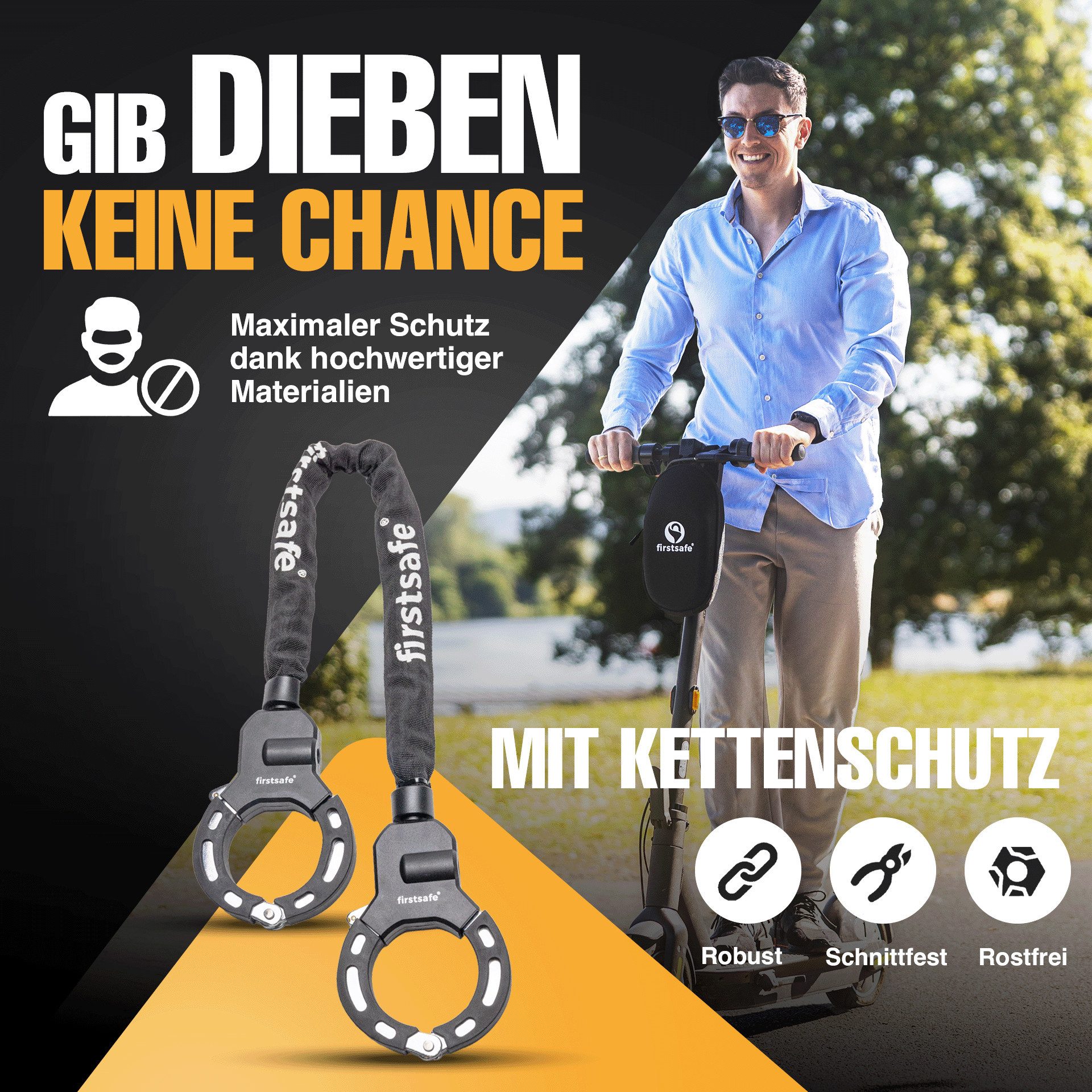 firstsafe Kettenschloss Handschellenschloss für E Scooter Schloss mit Sleevemantel – Bild 2 von 5