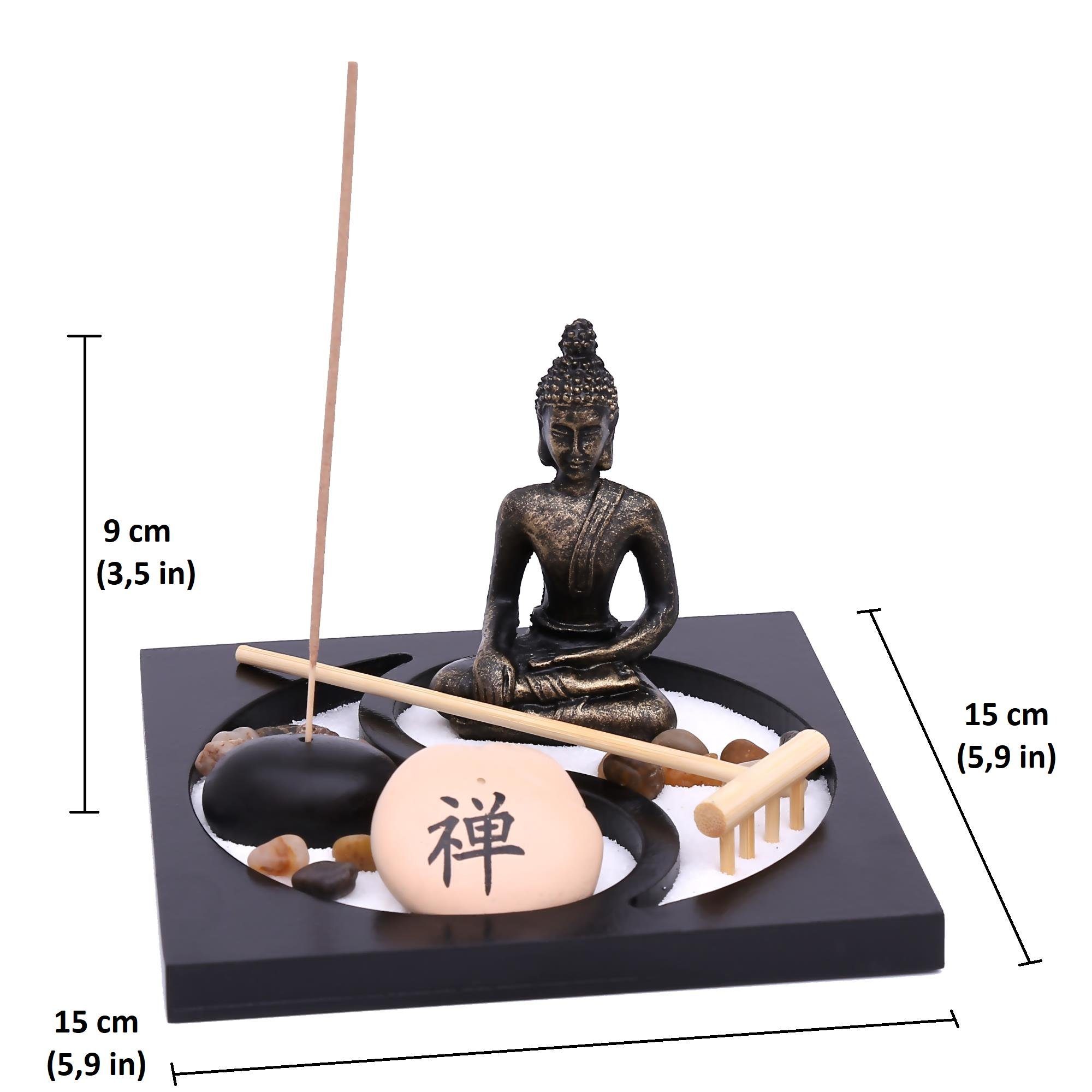Flanacom Buddhafigur Zen Garten Buddha Figur - Räucherstäbchenhalter (Set, Buddha Statue, 3 Räucherstäbchen, Sand, Harke, Glückssteine), Naturholz Esotherik Set