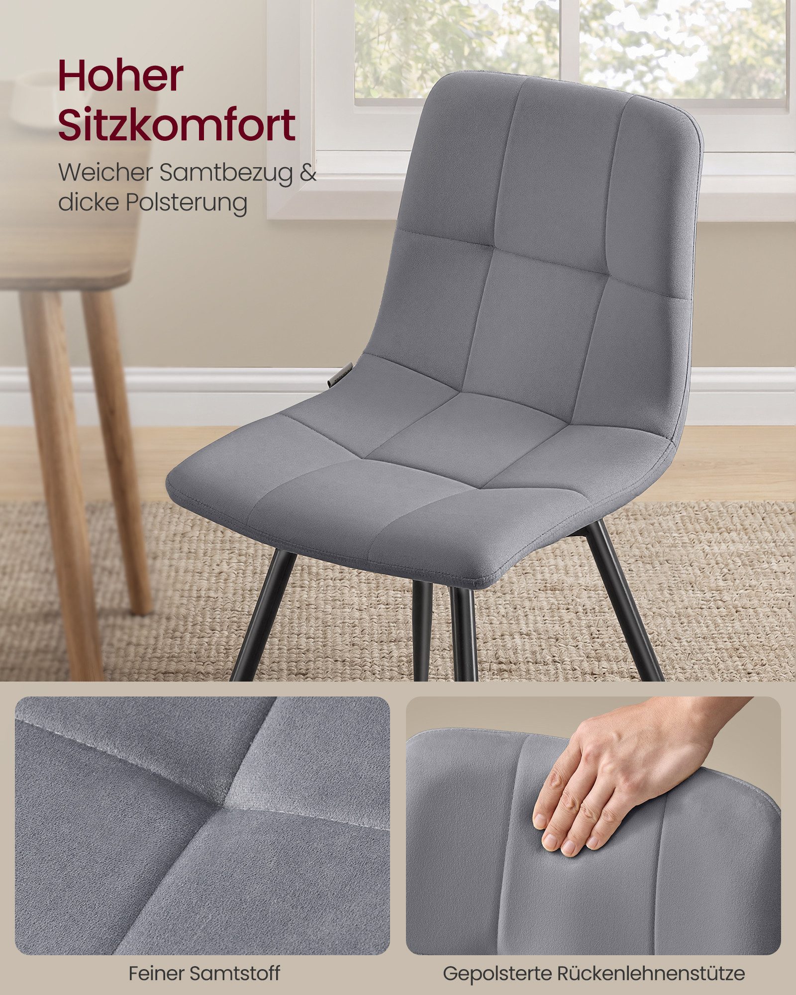 VASAGLE Esszimmerstuhl 360° Drehbar, aus Samt, Ergonomischer Samtstuhl, 6er Set, für Esszimmer und Wohnzimmer – Bild 5 von 5
