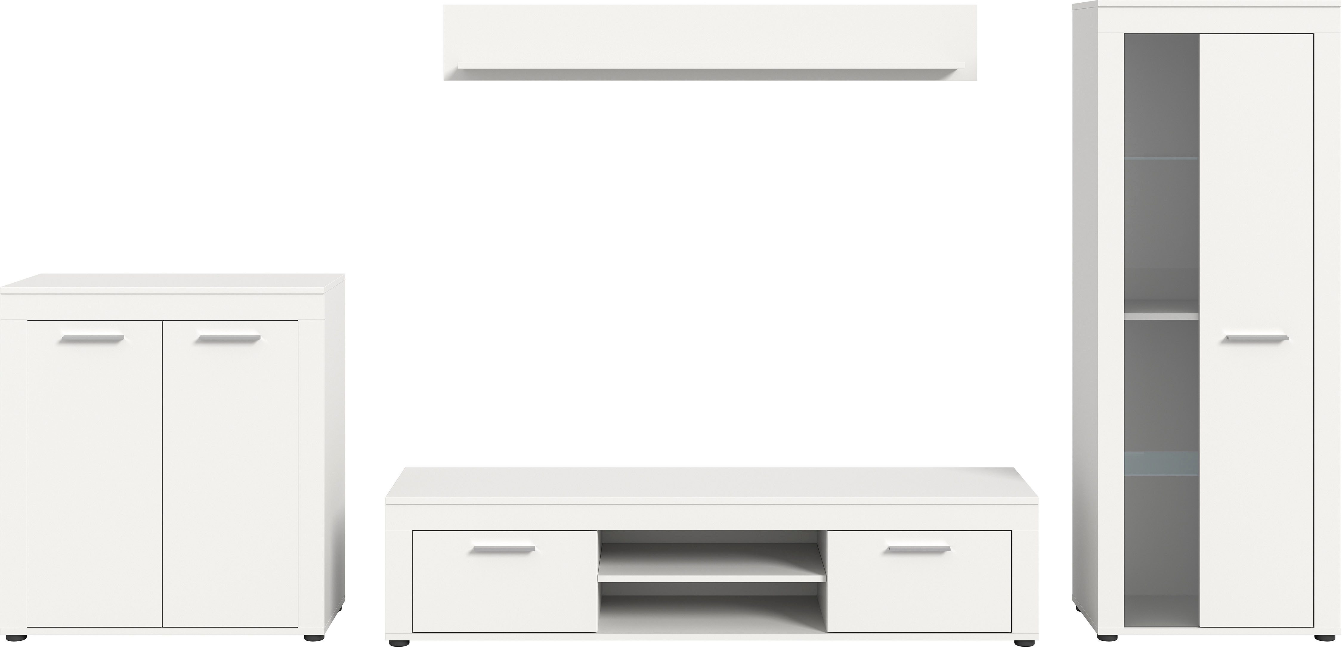 Home affaire Wohnwand AOSTA, TOPSELLER!, Breite 330cm, 4-teilige Wohn-Kombination, (4-St., bestehend aus: Highboard, Lowboard, Wandboard, Vitrine), Wohnwand, Kombination, Anbauwand, Möbel Set, Schrankwand, Möbel Kombi
