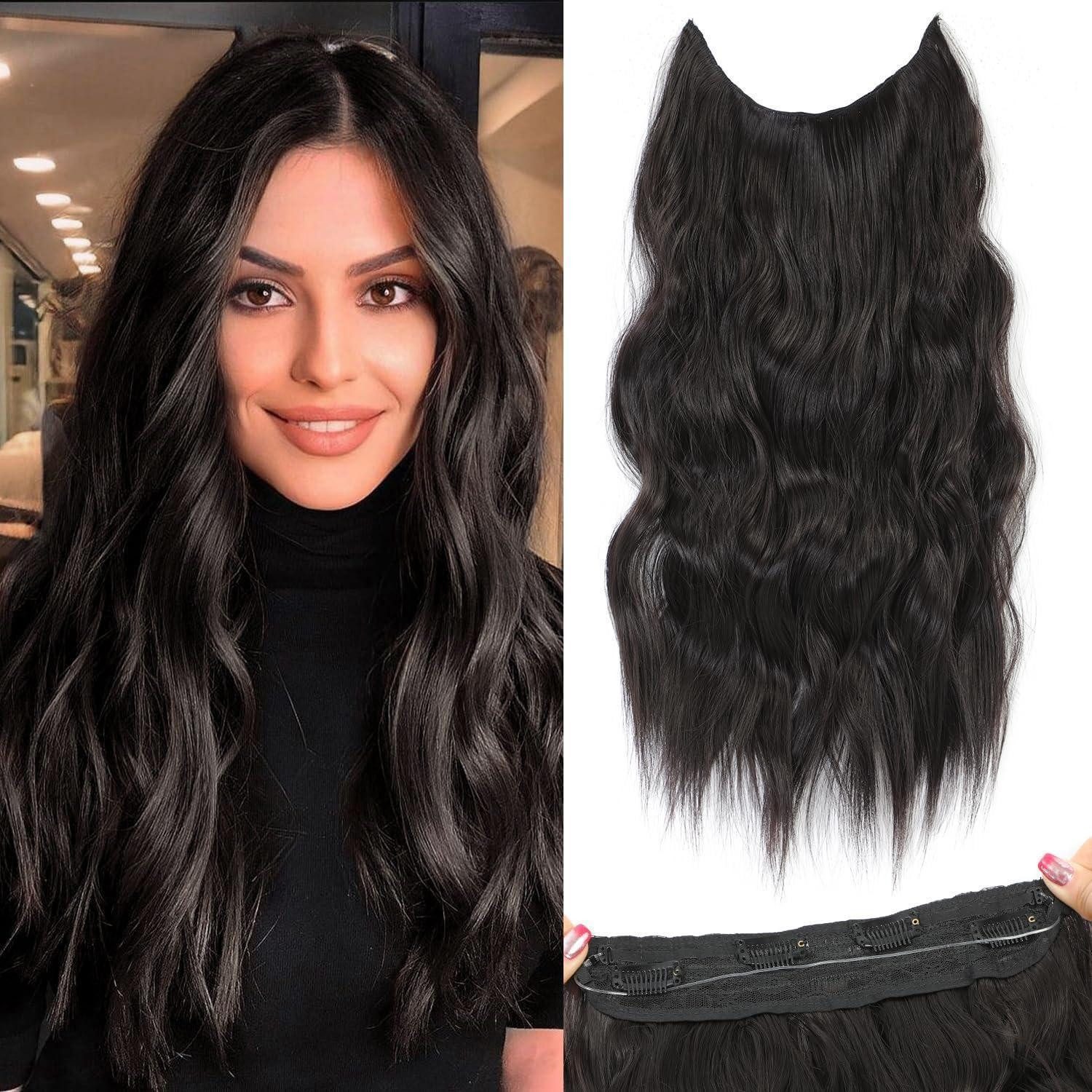 LuxusKollektion Kunsthaar-Extension Haarverlängerung Clips Synthetik Haarteile 50cm Natürliches Schwarz