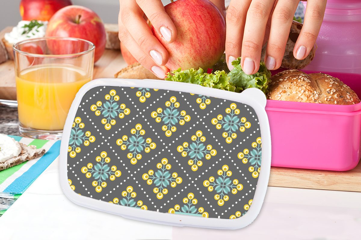 MuchoWow Lunchbox Design für rosa Grau, (2-tlg), Blumen Erwachsene, Mädchen, Brotdose Kunststoff - Kinder, Kunststoff, - - Kariert Snackbox, Brotbox