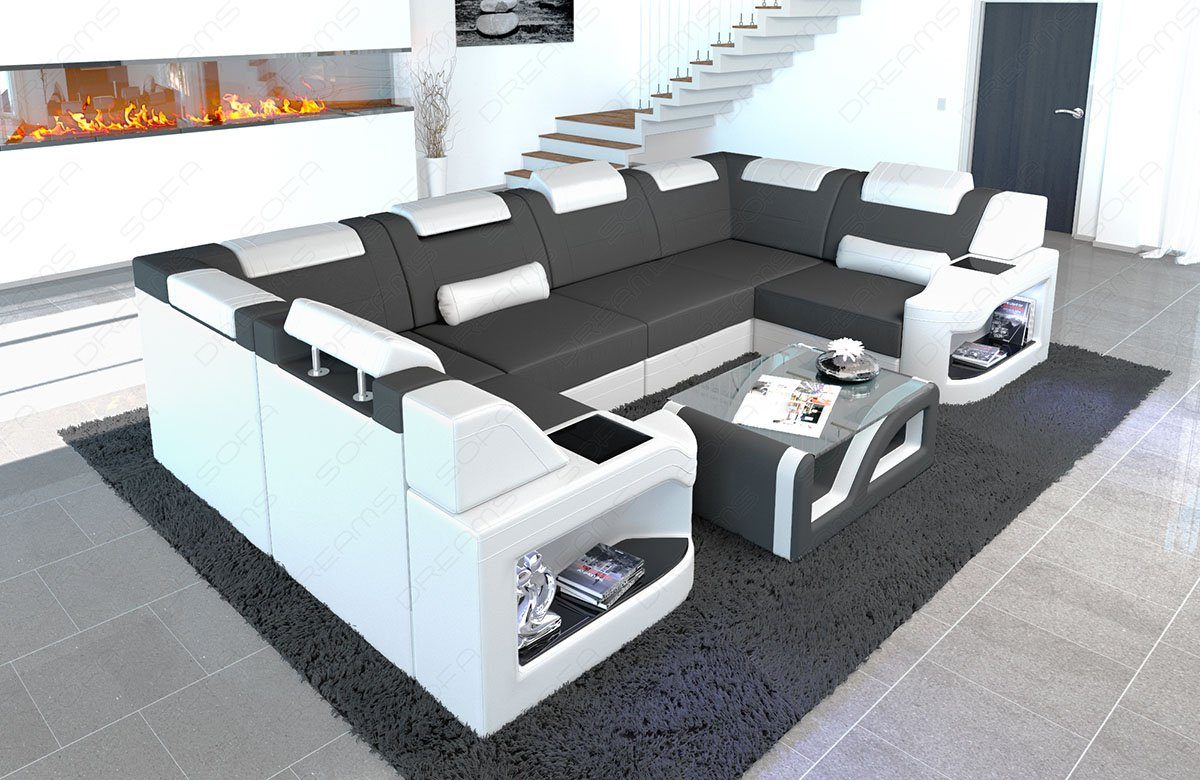 Sofa Dreams Wohnlandschaft Polster Design Stoffsofa Padua U Form M Mikrofaser Stoff Sofa, Couch wahlweise mit Bettfunktion dunkelgrau-weiß