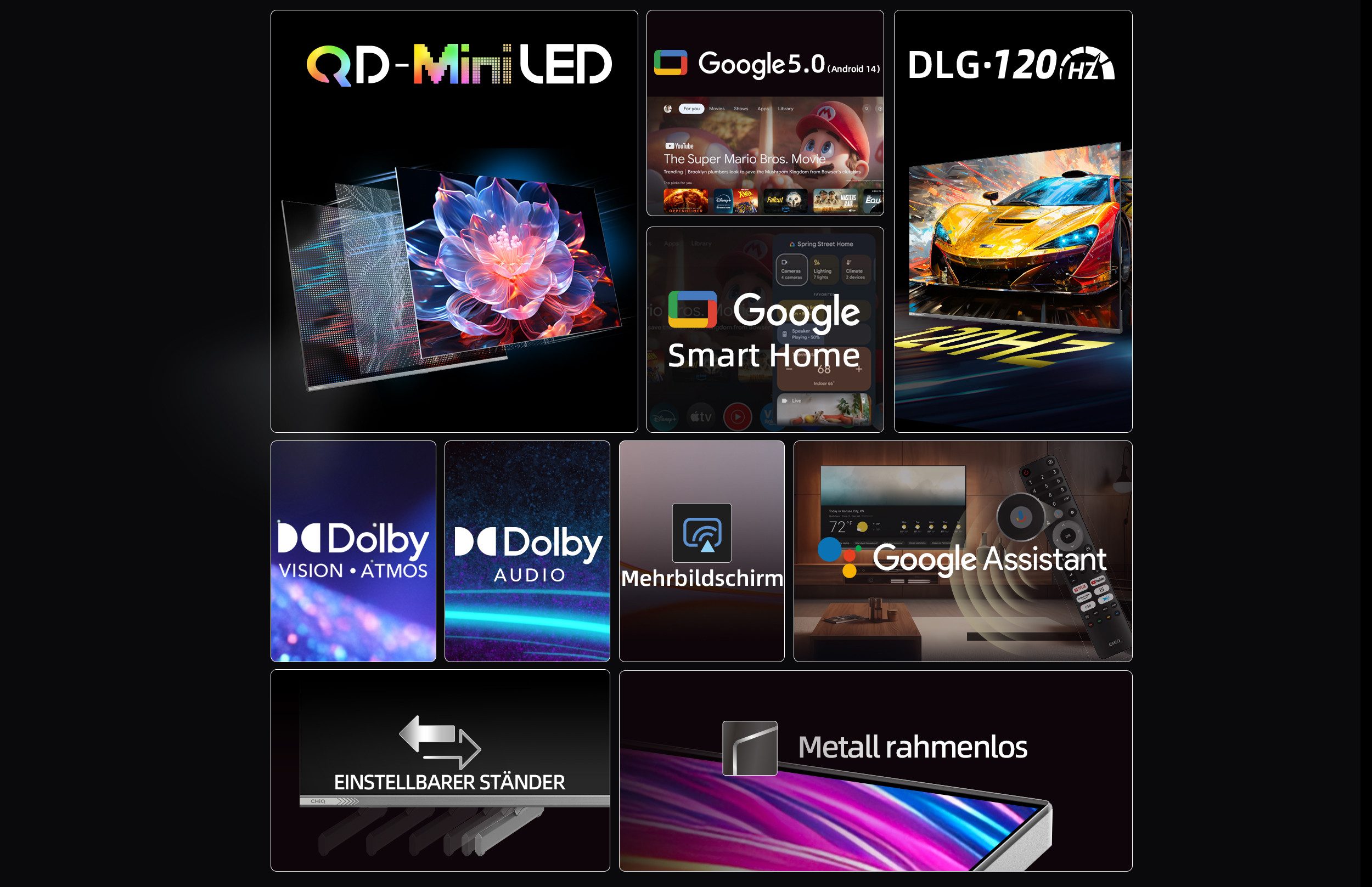 CHiQ M55QN9G Mini-LED-Fernseher (139 cm/55 Zoll, 4K Ultra HD, Google TV, DLG 120Hz, 95% DCI-P3-Farbgenauigkeit, Dolby Vision, Google Assistant)