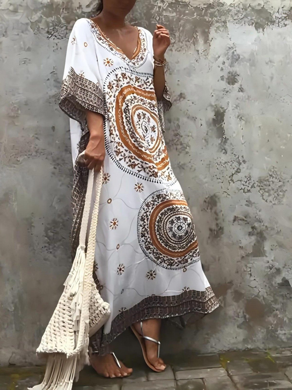 MOPUEA Strandkleid Boho Strandkaftan Ethno Print Sommerkleid aus Viskose (Boho Strandkaftan im Ethno Stil, Luftiger Sommer Kaftan mit Ethno Muster) Atmungsaktiv locker leicht hautfreundlich und luftig