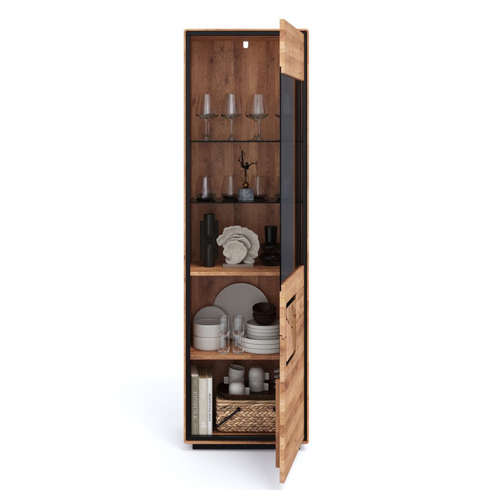 Lomadox Vitrine WOODBRIDGE-69 in Eiche massiv geölt, 60 cm breit, Hirnholz, montiert