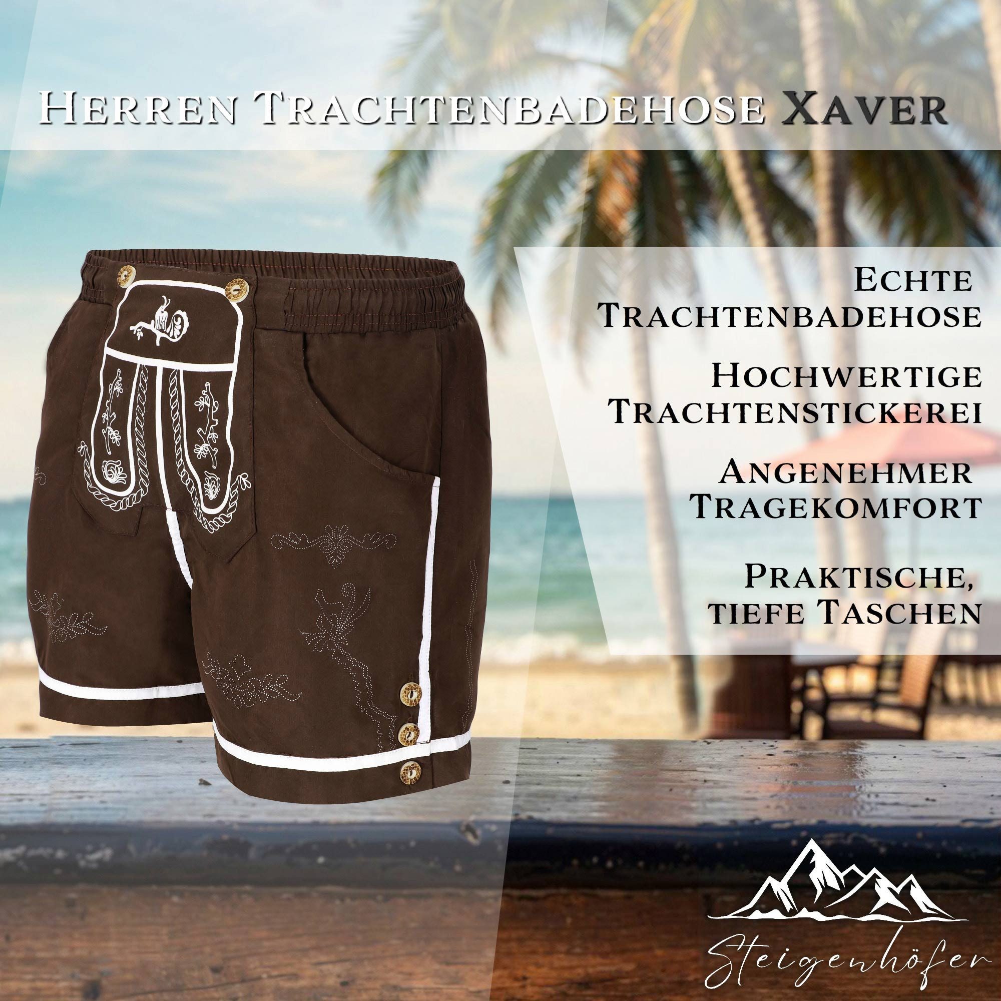 Steigenhöfer Manufaktur Trachtenhose Badehose Herren - Xaver - Lederhosen Look - Trachten Badehose Bequem mit Netzinnenhose - Umklappbarer Latz - Badeshorts mit – Bild 2 von 5