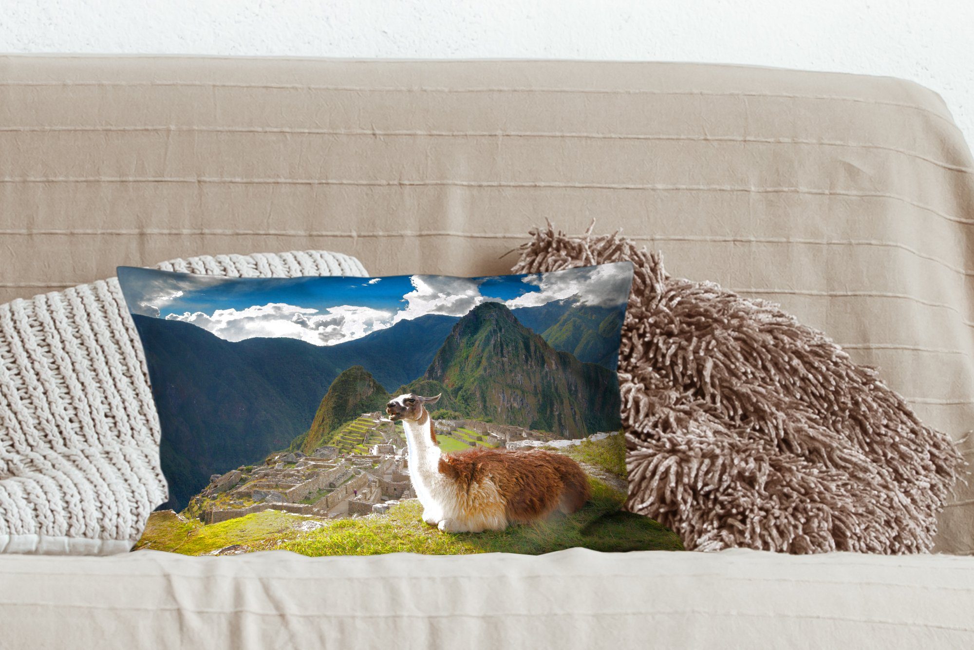 MuchoWow Dekokissen - Zierkissen, Picchu Machu Dekoration, Wohzimmer Füllung, - mit Alpaka Schlafzimmer Dekokissen Felsen