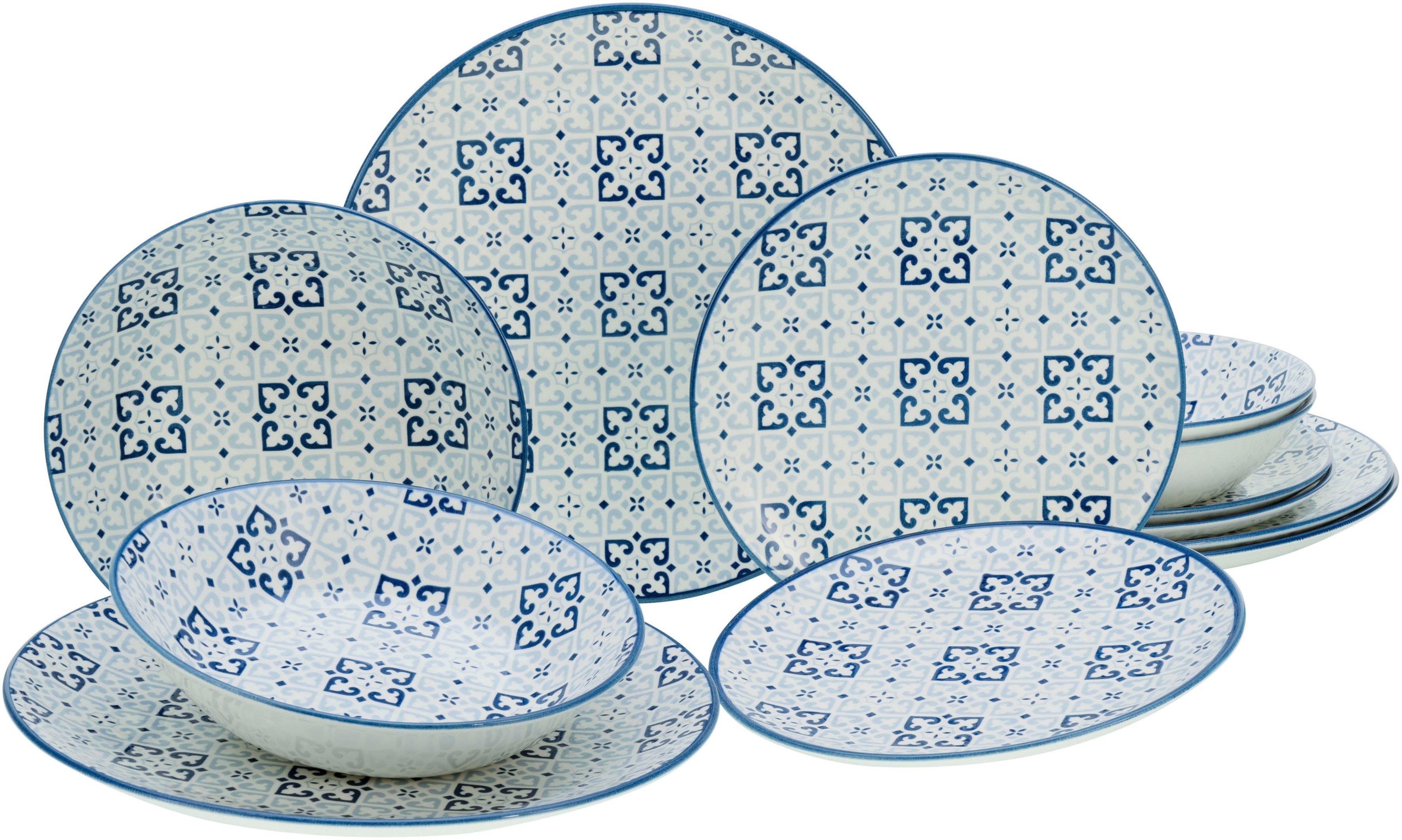 Stil Yara Teller-Set CreaTable Steingut, Personen, 4 (12-tlg), orientalisch mediterraner Blau