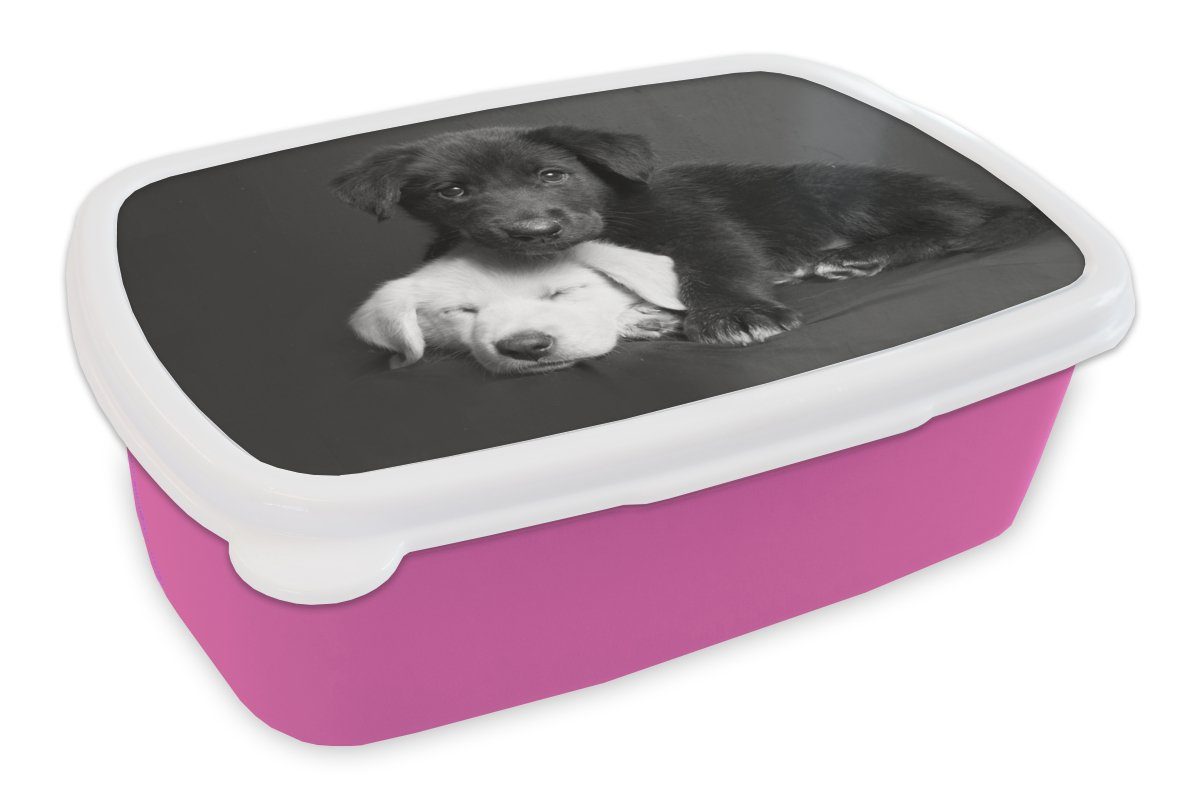 MuchoWow Lunchbox Hunde - Welpe - Schwarz - Weiß - Tiere, Kunststoff, (2-tlg), Brotbox für Erwachsene, Brotdose Kinder, Snackbox, Mädchen, Kunststoff rosa