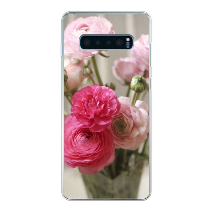 MuchoWow Handyhülle Rosa Butterblumen auf einem unscharfen Hintergrund Phone Case Handyhülle Samsung Galaxy S10+ Silikon Schutzhülle
