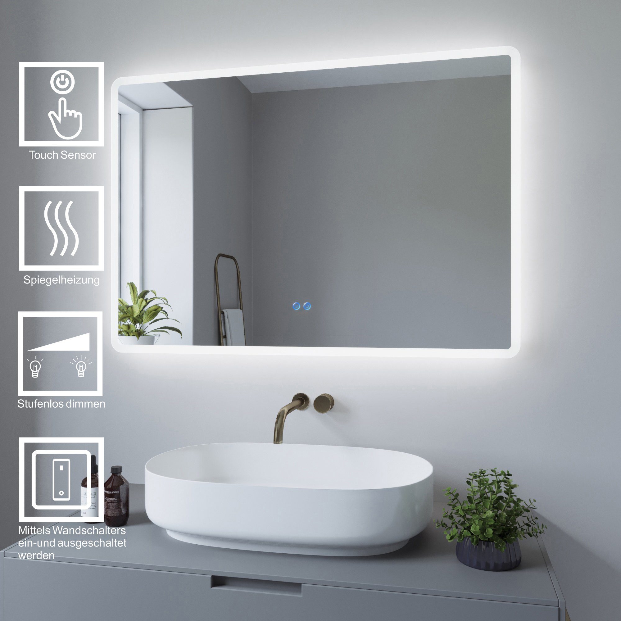 AQUALAVOS Badspiegel LED Badspiegel mit Beleuchtung Antibeschlag Touch Badezimmerspiegel, mit Kaltweiß 6400K Beleuchtung, Umweltfreundlichers Material