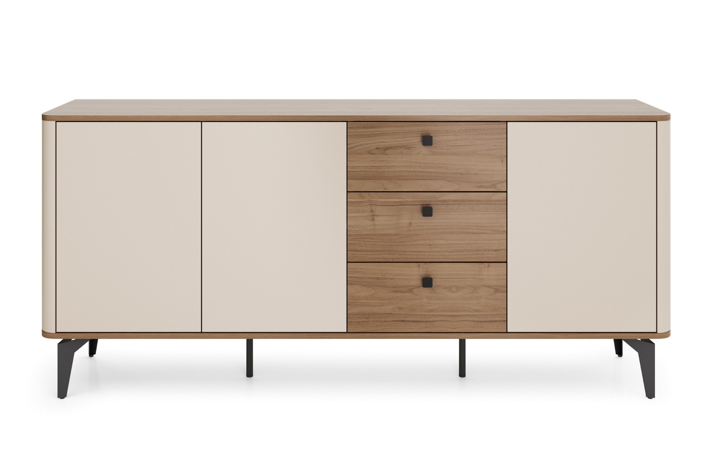 Deine Möbel 24 Kommode AURO 05 Sideboard mit 3 Schubladen, 2 Türen & Einlegeböden (180 cm breit, 1 St., AURO - Kollektion), Soft-Close & Push-to-Open, Metallfüße, Kaschmir/Royal Nussbaum