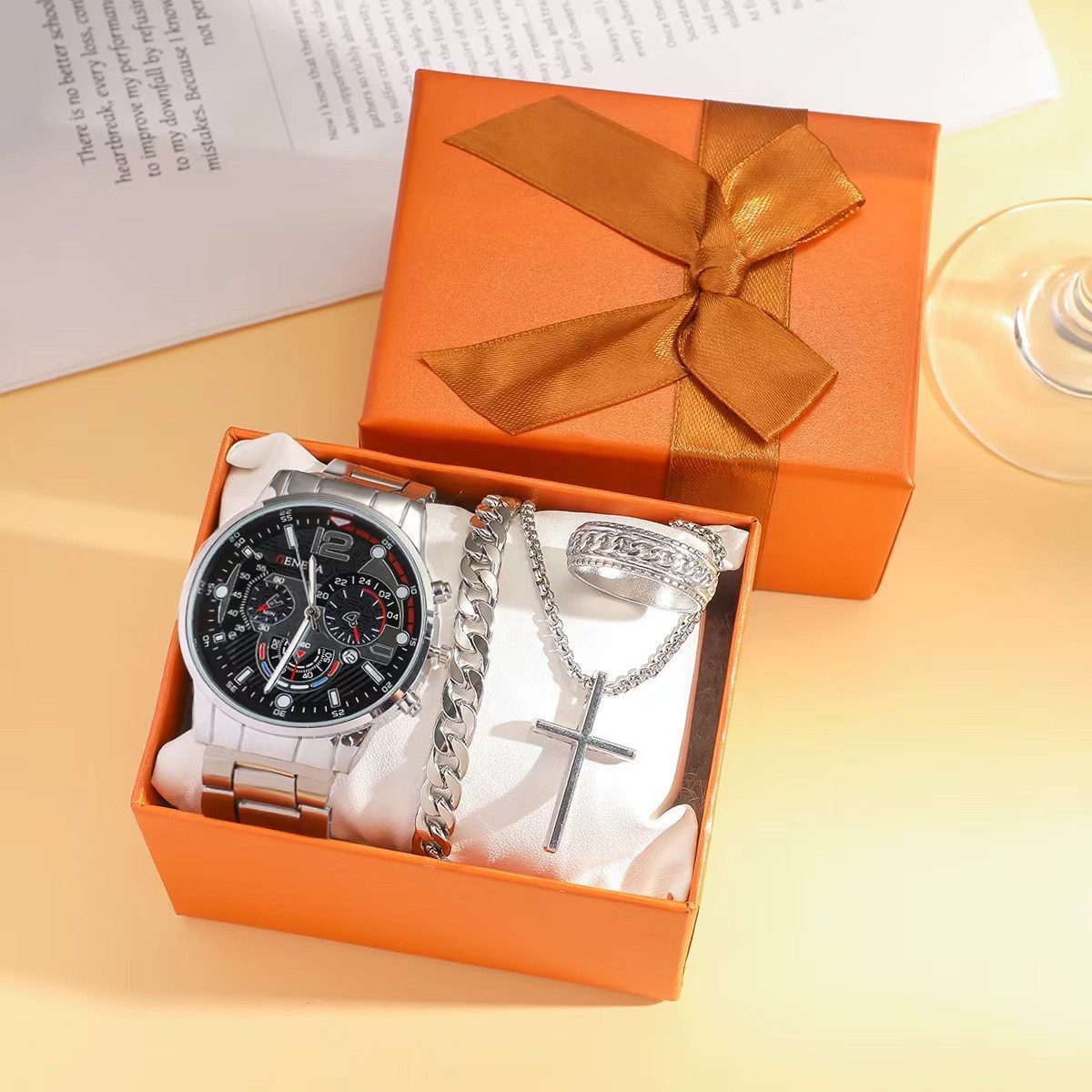 Quarzuhr Herren Geschenkset Edel Luxus Armbanduhr (Quarz) mit Schmuck-Set
