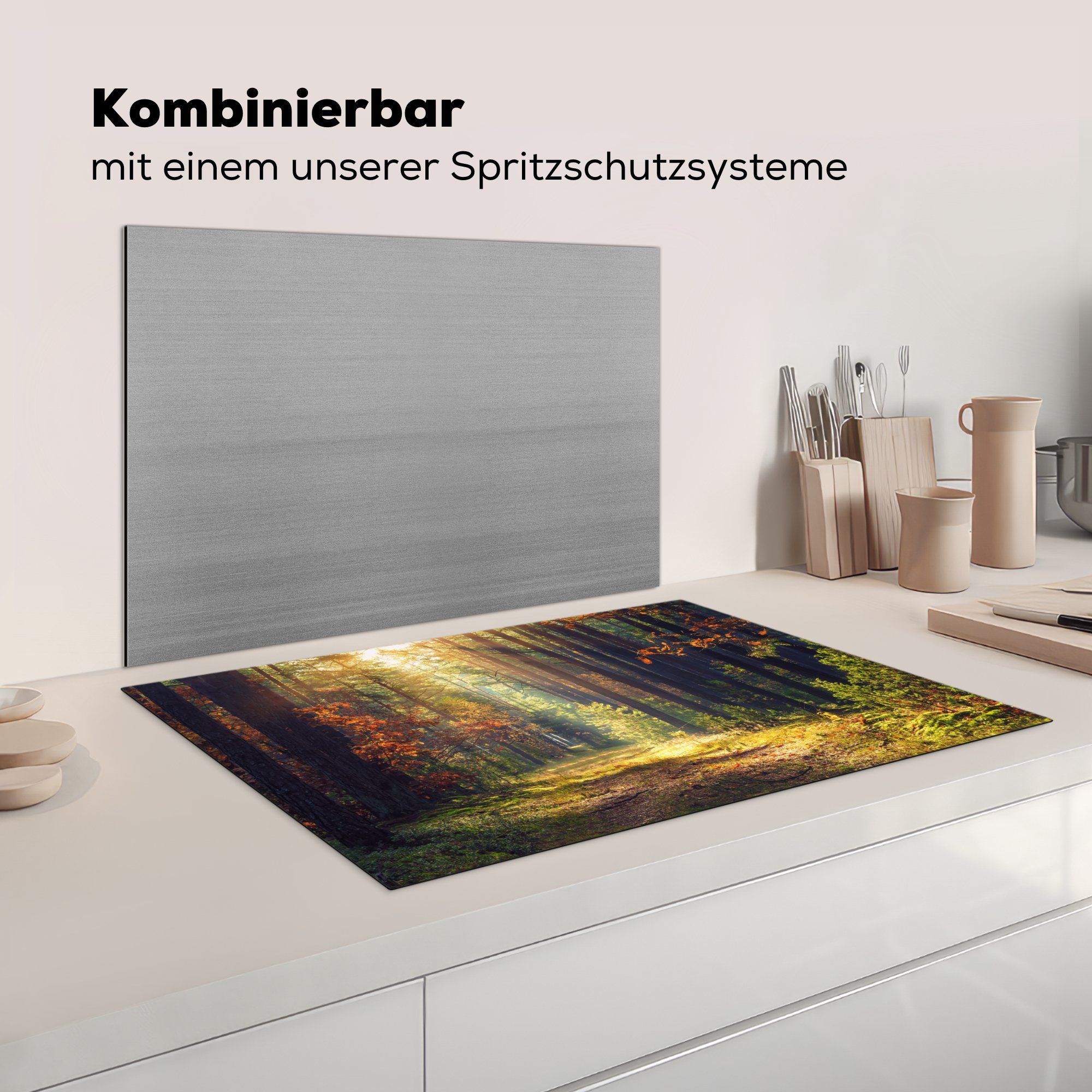 - küche, Wald Herdblende-/Abdeckplatte tlg), Vinyl, MuchoWow Schutz Ceranfeldabdeckung für cm, Bäume, (1 81x52 Herbst - Induktionskochfeld die