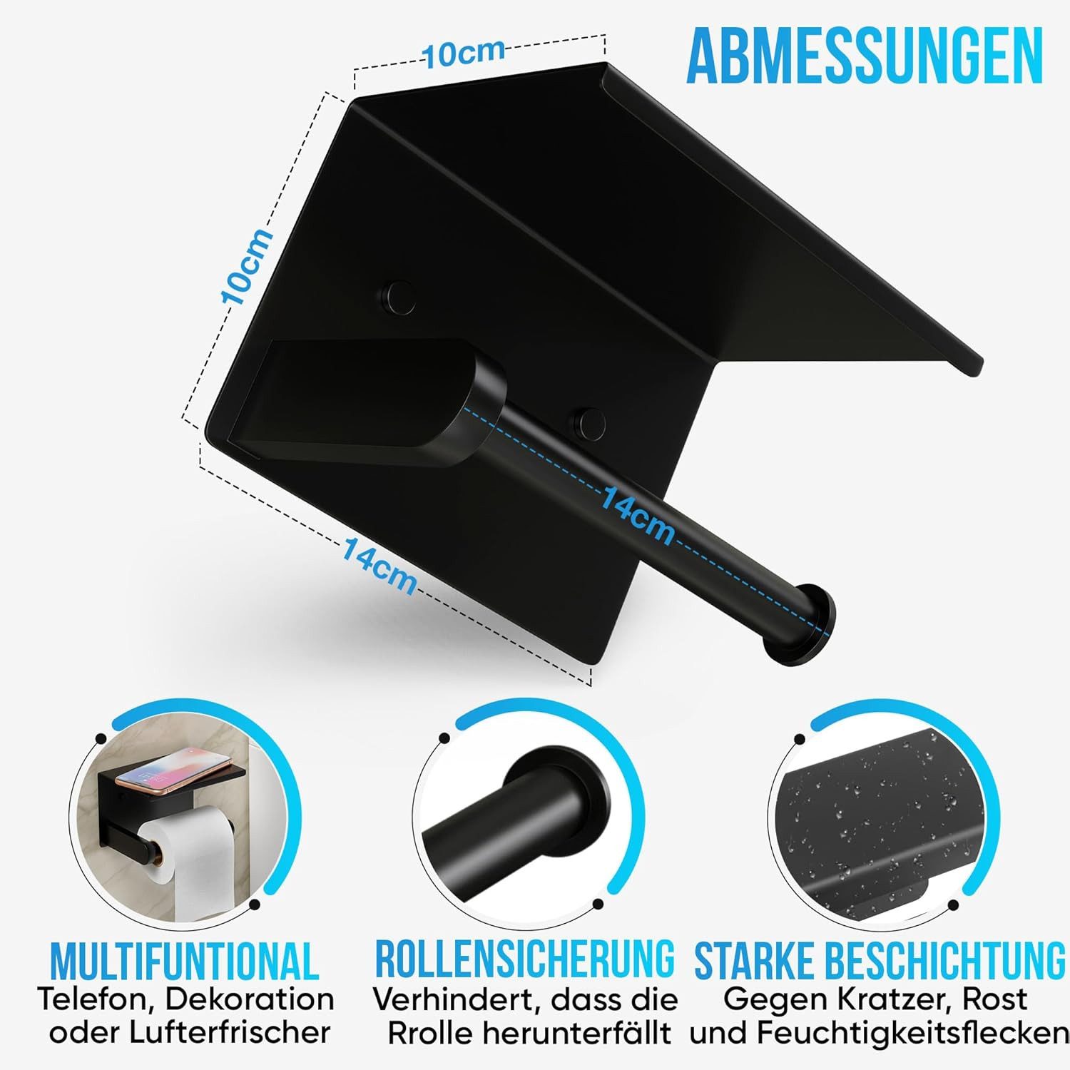 SURFOU Toilettenpapierhalter Ohne Bohren mit Ablage, Selbstklebend & Schraubmontage, SUS304 (Selbstklebender Toilettenpapierhalter, Toilettenpapierhalter schwar – Bild 5 von 5