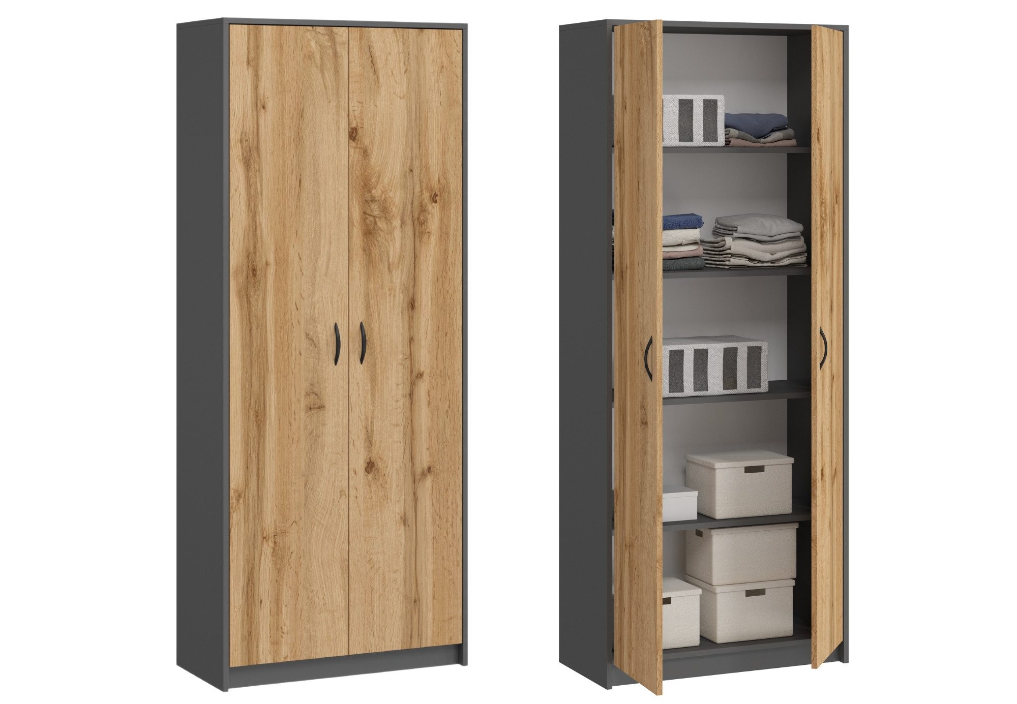 Home Collective Mehrzweckschrank, Anthrazit/Eiche/grau, Mehrzweckschrank-4 Einlegeböden