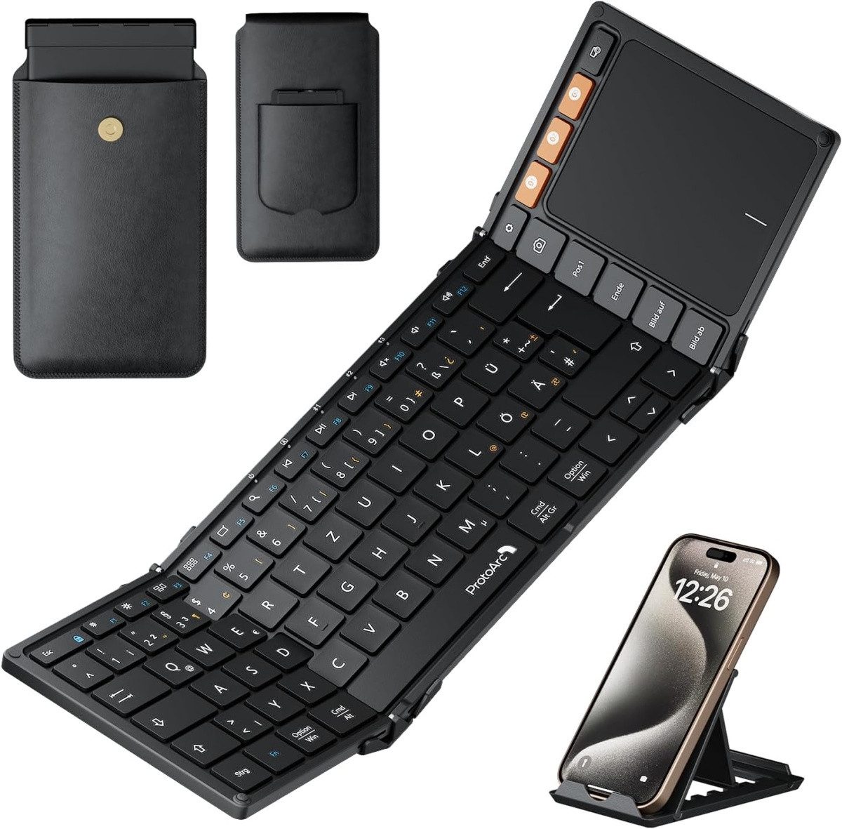 ProtoArc XK01 TP Bluetooth Tastatur Faltbare mit Touchpad Tastatur mit Touchpad (Tastatur Kabellos Klappbare QWERTZ Deutsch)