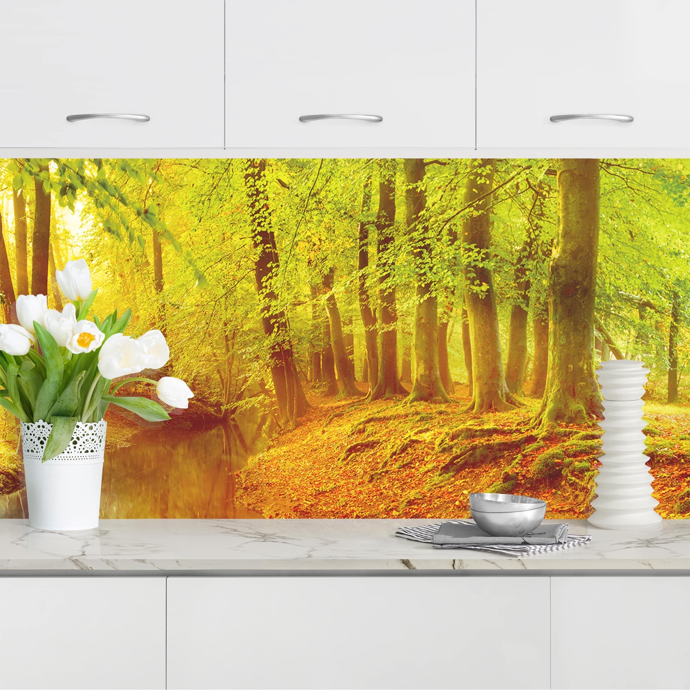 Bilderdepot24 Küchenrückwand selbstklebend orange Wald Motiv, (1-tlg., Nischenrückwand - für Fliesenspiegel ohne Bohren - matt), Nischenrückwand fugenlos Wandpaneel Küche Herd