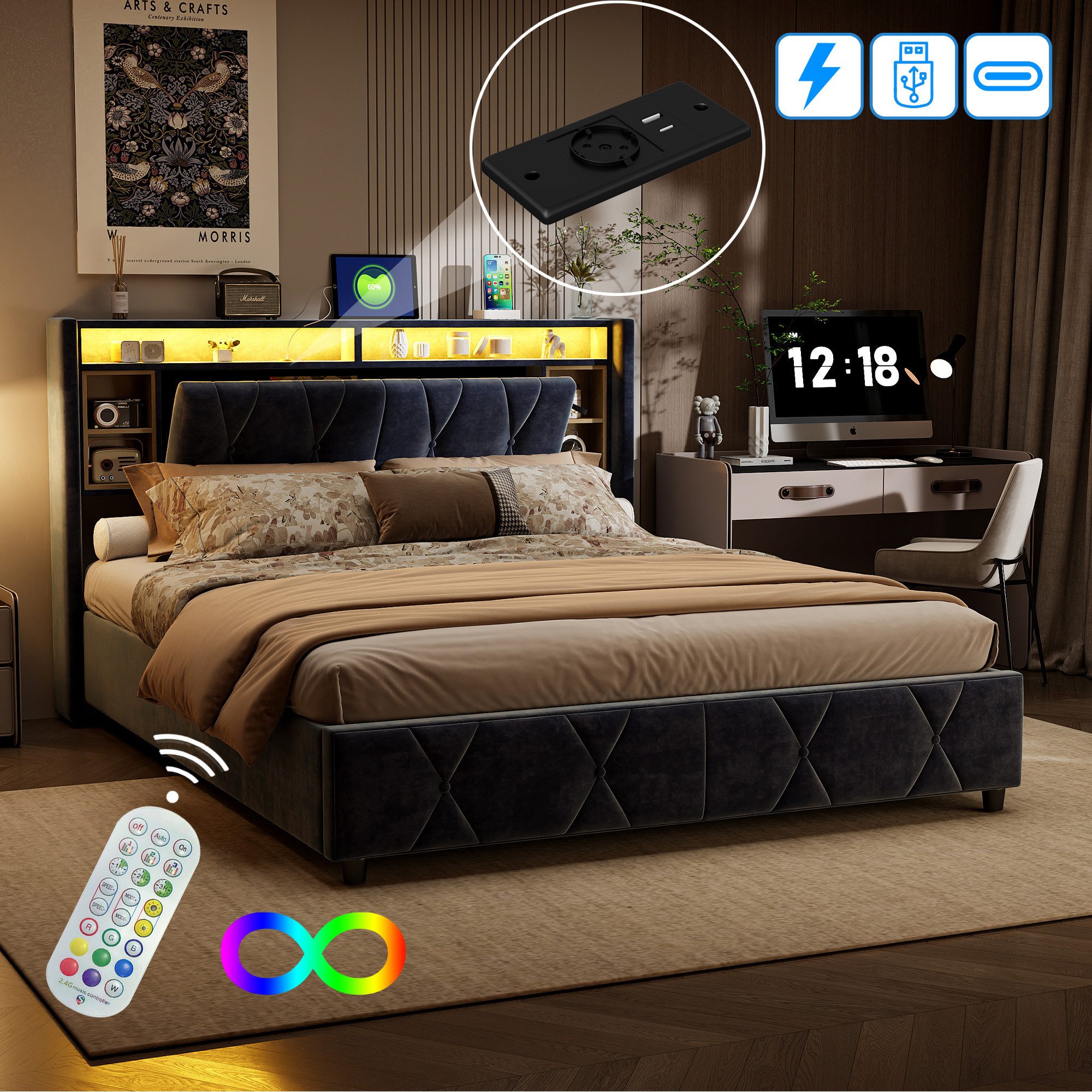 Gdood Polsterbett Stauraumbett Doppelbett LED (1-tlg., Ausgestattet mit hydraulischem Bettkasten), Mit LED-Beleuchtung, Kopfteil mit Stauraum, Lattenrost, 140x200 cm