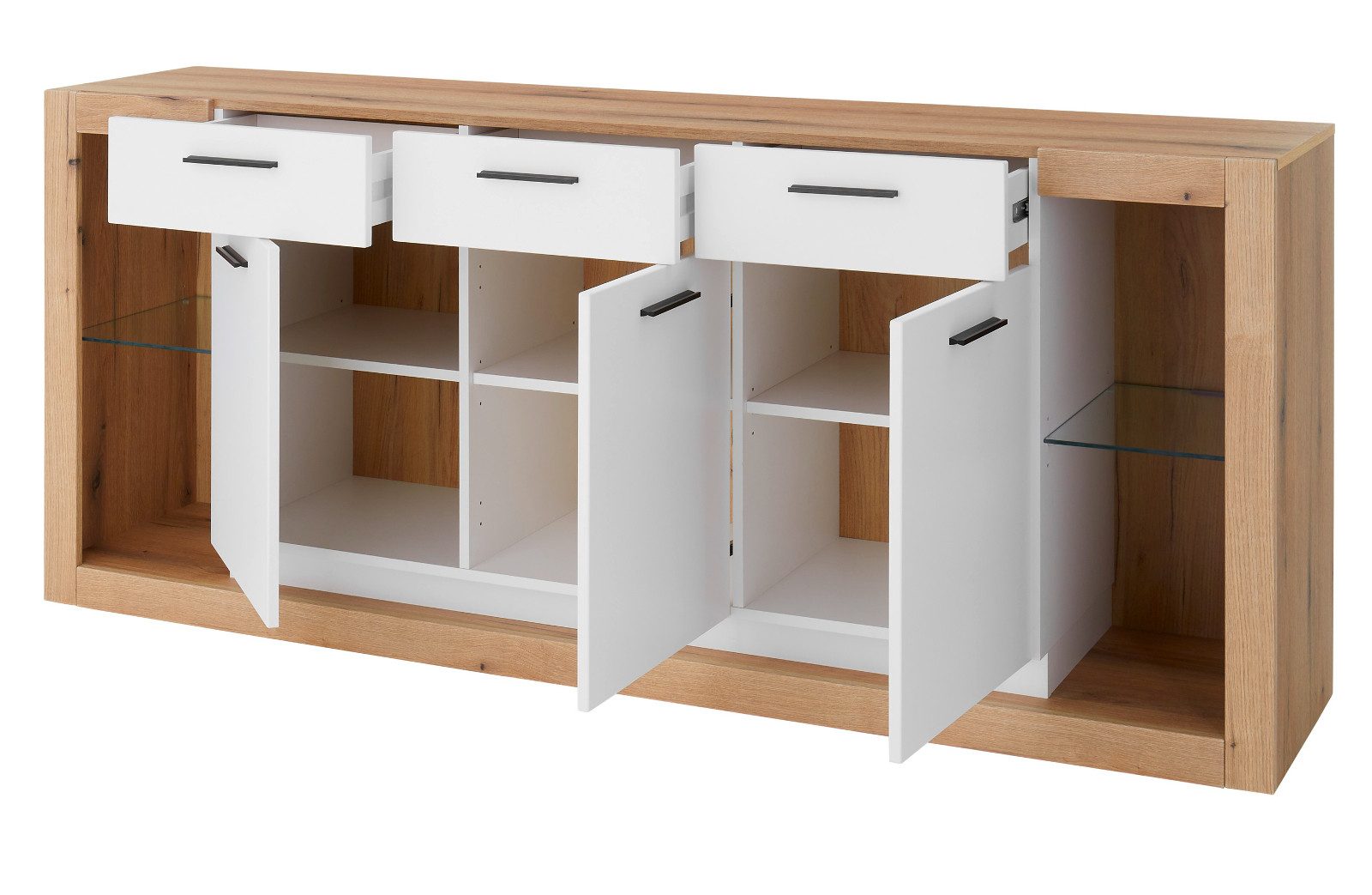 Furn.Design Sideboard Rivian (große Anrichte in Eiche Dekor und weiß matt, 198 x 83 cm), 3 Schubladen, 10 Fächer