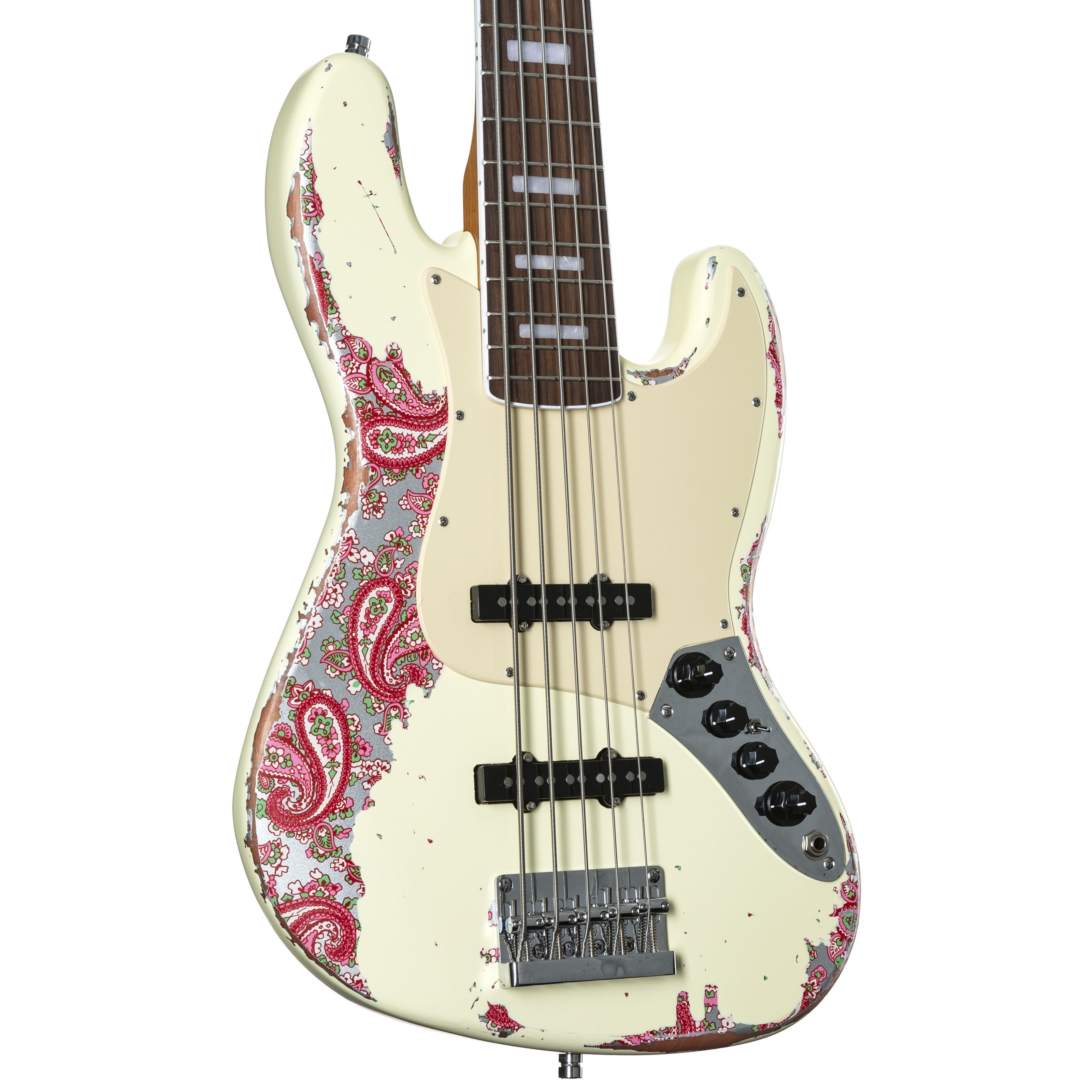 FAME E-Bass, E-Bässe, 5-Saiter E-Bässe, Custom JB 5 Worn Vintage White over Pink Paisley - E-Bass