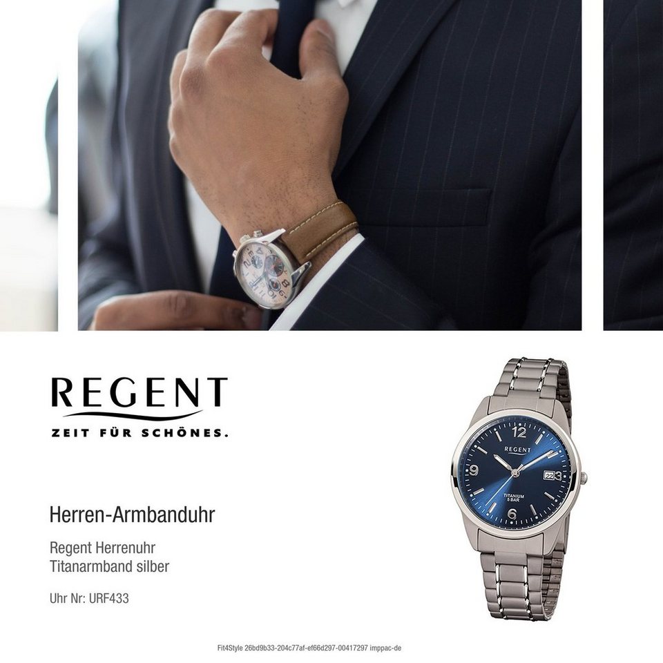Regent Quarzuhr Regent Titan Herren Uhr F-433 Quarzuhr, Herrenuhr  Titanarmband silber, grau, rundes Gehäuse, mittel (ca. 36mm)