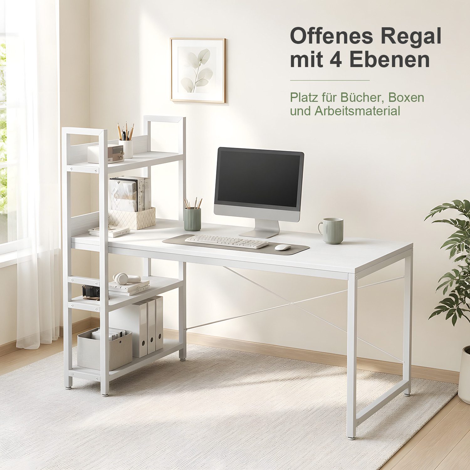 Refined Living Computertisch Schreibtisch Gaming tisch Computertisch Bürotisch 50x80/100cm 120/140 (Schreibtisch mit Seitlichem Regal & Verstellbaren Füßen, Officetisch, PC-Schreibtisch mit Stauraum & Bücherregal, Eckschreibtisch mit Regal), PC Laptop Tisch für Büro Arbeitszimmer Wohnzimmer Homeoffice Weiß