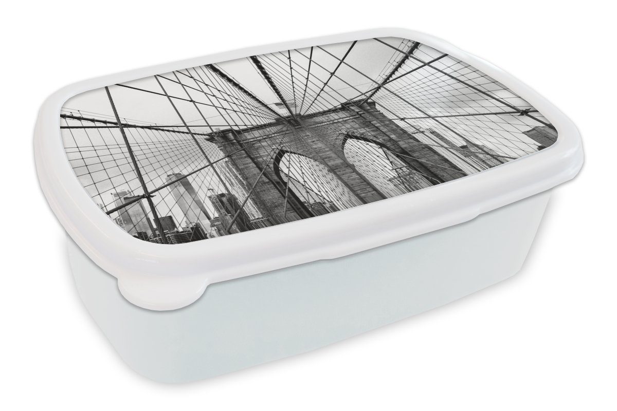 MuchoWow Lunchbox Brücke - Architektur - Schwarz - Weiß - USA, Kunststoff, (2-tlg), Brotbox für Kinder und Erwachsene, Brotdose, für Jungs und Mädchen
