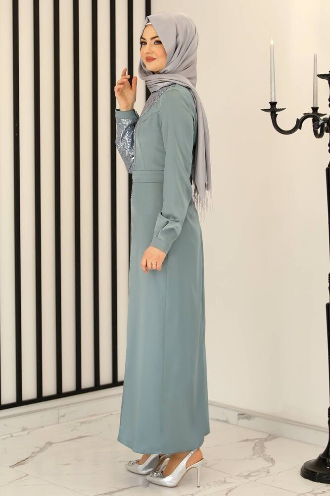 Pailletten, Minze Abendkleid Damen Modest Hijabmode silbernes Fashion Modavitrini Kleid Abiye Silber Paillettenkleid