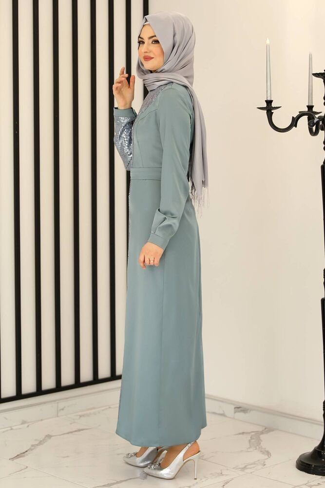 Modavitrini Paillettenkleid Damen Abiye Kleid Fashion Hijabmode Minze Silber silbernes Modest Abendkleid Pailletten