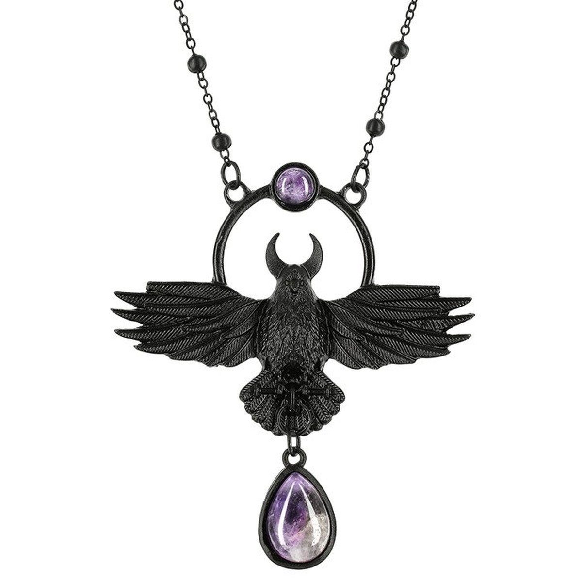 Halsband Krähen Anhänger mit violettem Quarzstein