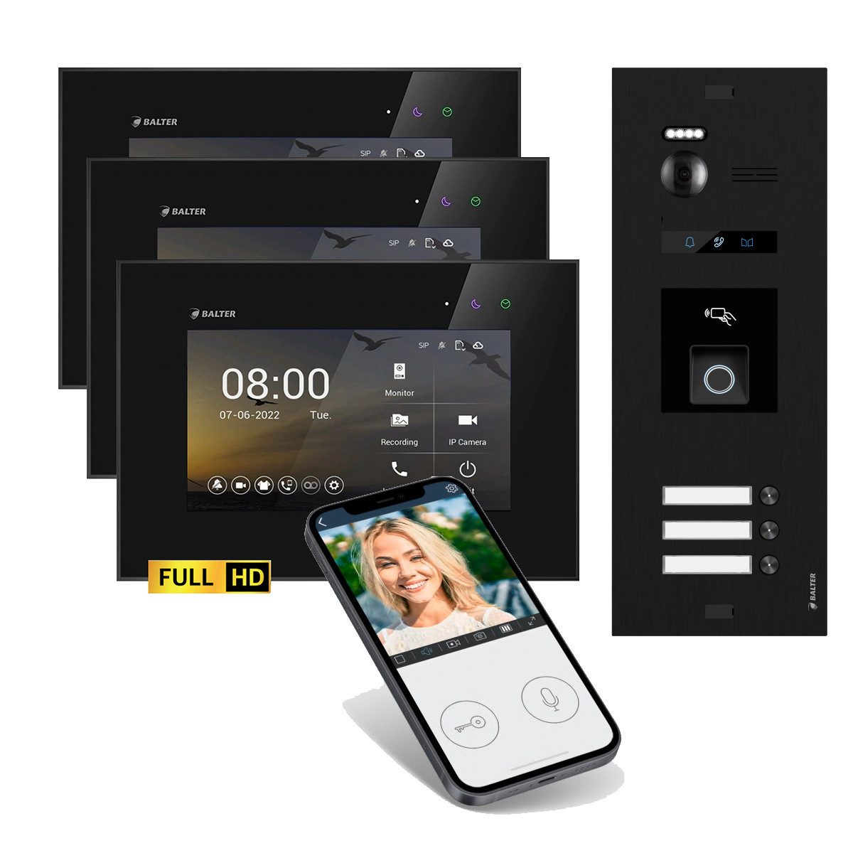 Balter Video-Türsprechanlage BALTER HD WLAN Türsprechanlage FP/RFID EVO 3-Familienhaus Schwarz (Set, 3-Familienhaus, Komplettset, Full HD 175° Kamera, Fingerprint, RFID)