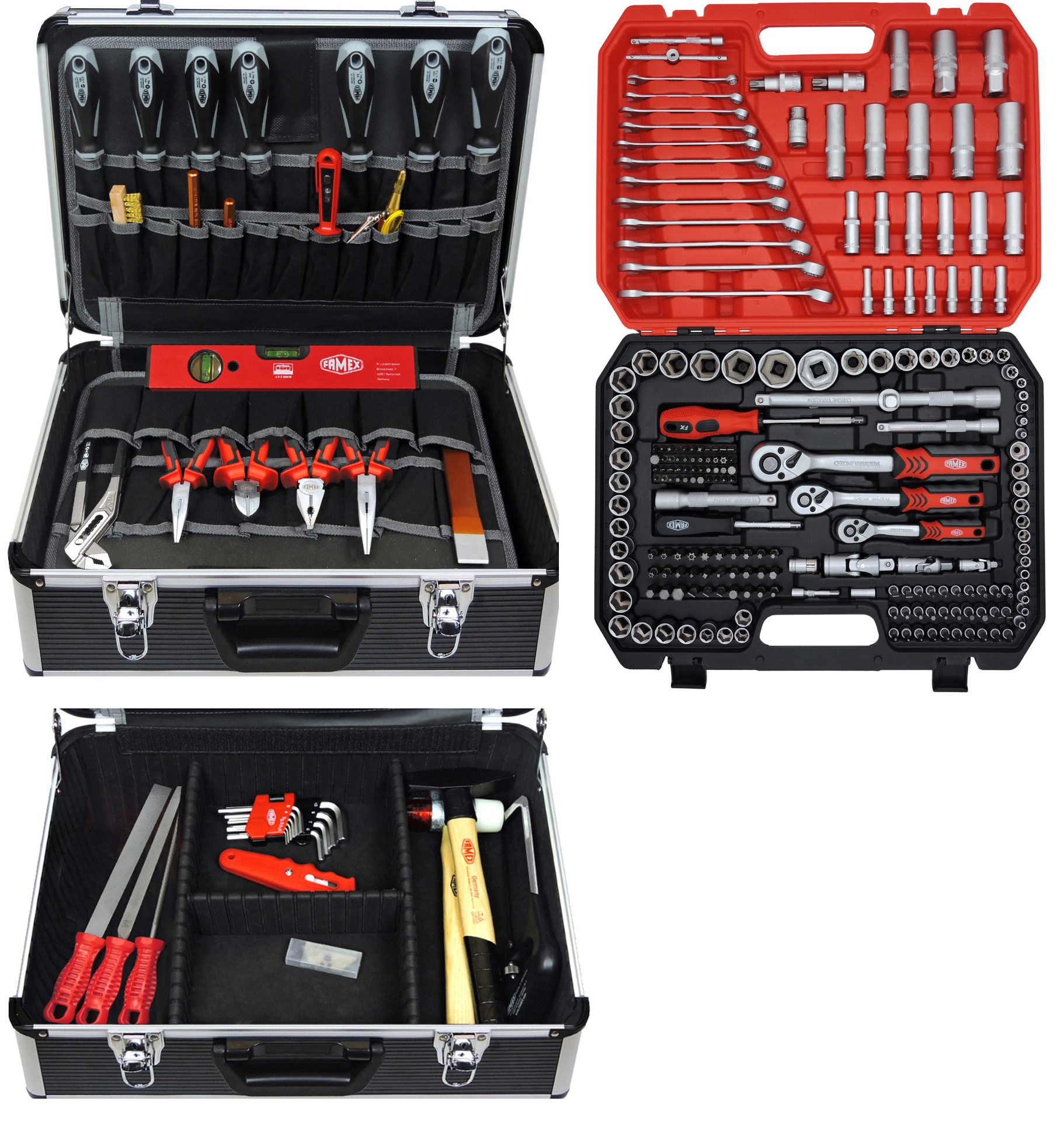 FAMEX Werkzeugset 440-51 Werkzeugkoffer gefüllt, (Werkzeugkoffer, 317-tlg., gefüllt, bestückt), Kapazität 24kg, abschließbar, CV-Stahl, Platz für weiteres Werkzeug