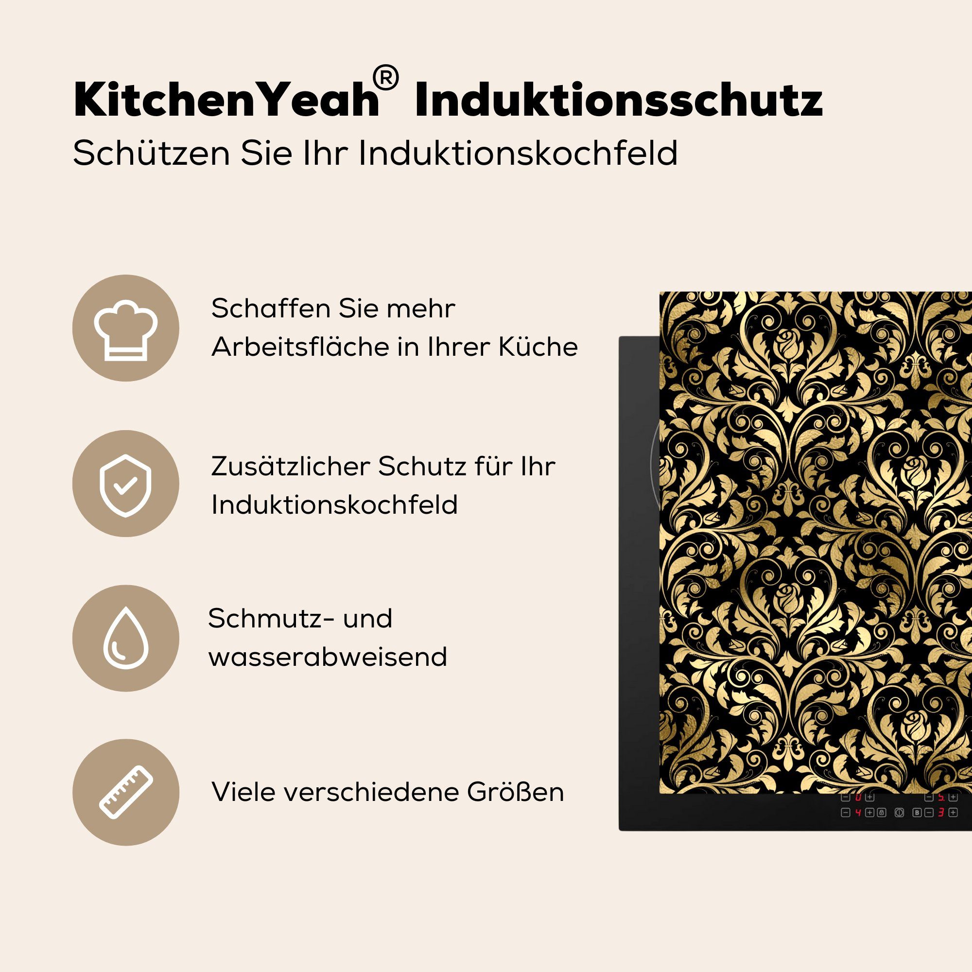 78x78 Vinyl, Schwarz, küche tlg), Barock MuchoWow Herdblende-/Abdeckplatte - - Gold Ceranfeldabdeckung, (1 - für cm, Arbeitsplatte Muster