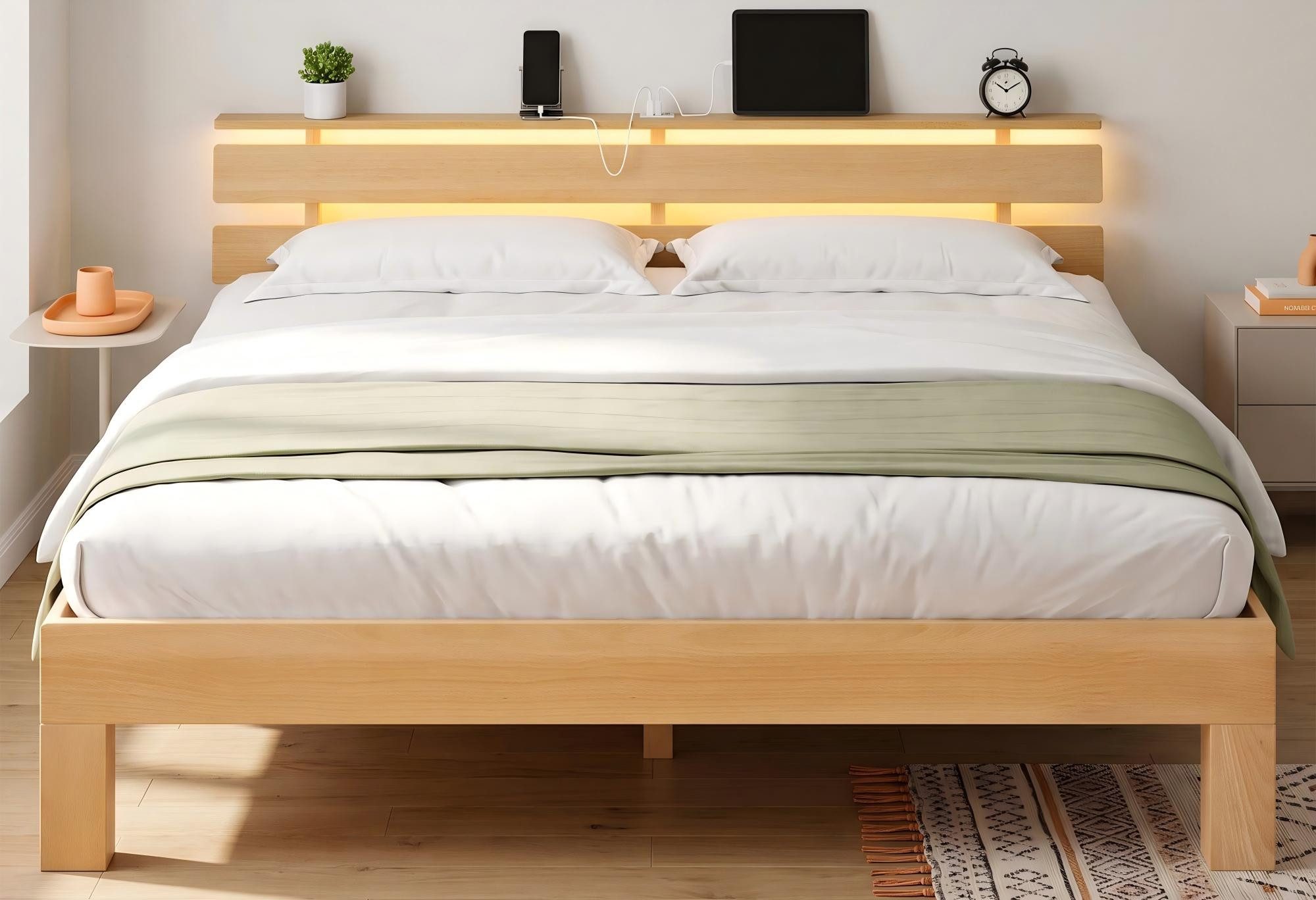 VASAGLE Bettgestell Massivholzbett mit LED&USB, ergonomischer Rückenlehne, 140/160/180cm, Bettgestell 160 x 200 cm, Kopfteilablage, hohe Stabilität, Naturfarben