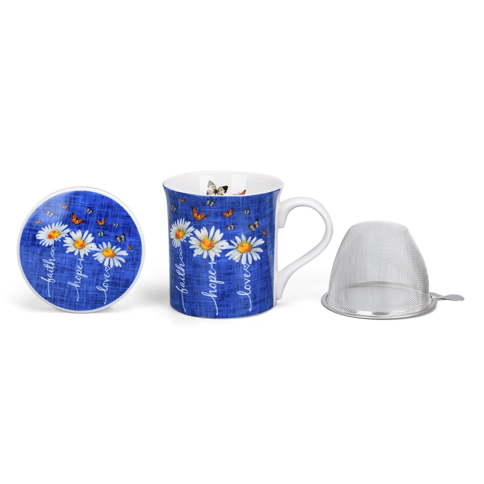 Jameson + Tailor Tasse Kräuterteetasse mit Deckel und Sieb Daisy, Porzellan, Teetasse Porzellan | Tassen