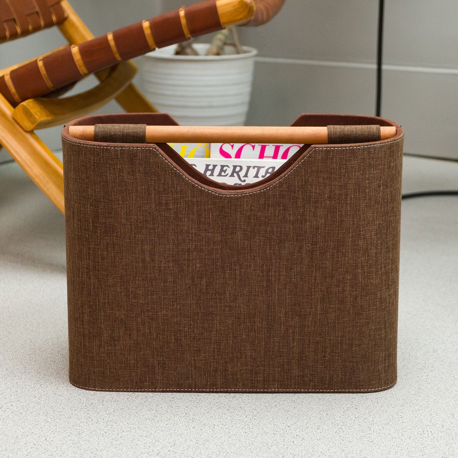 wohnfreuden Aufbewahrungsbox Zeitungsständer aus Stoff und Teakholz 40 cm braun