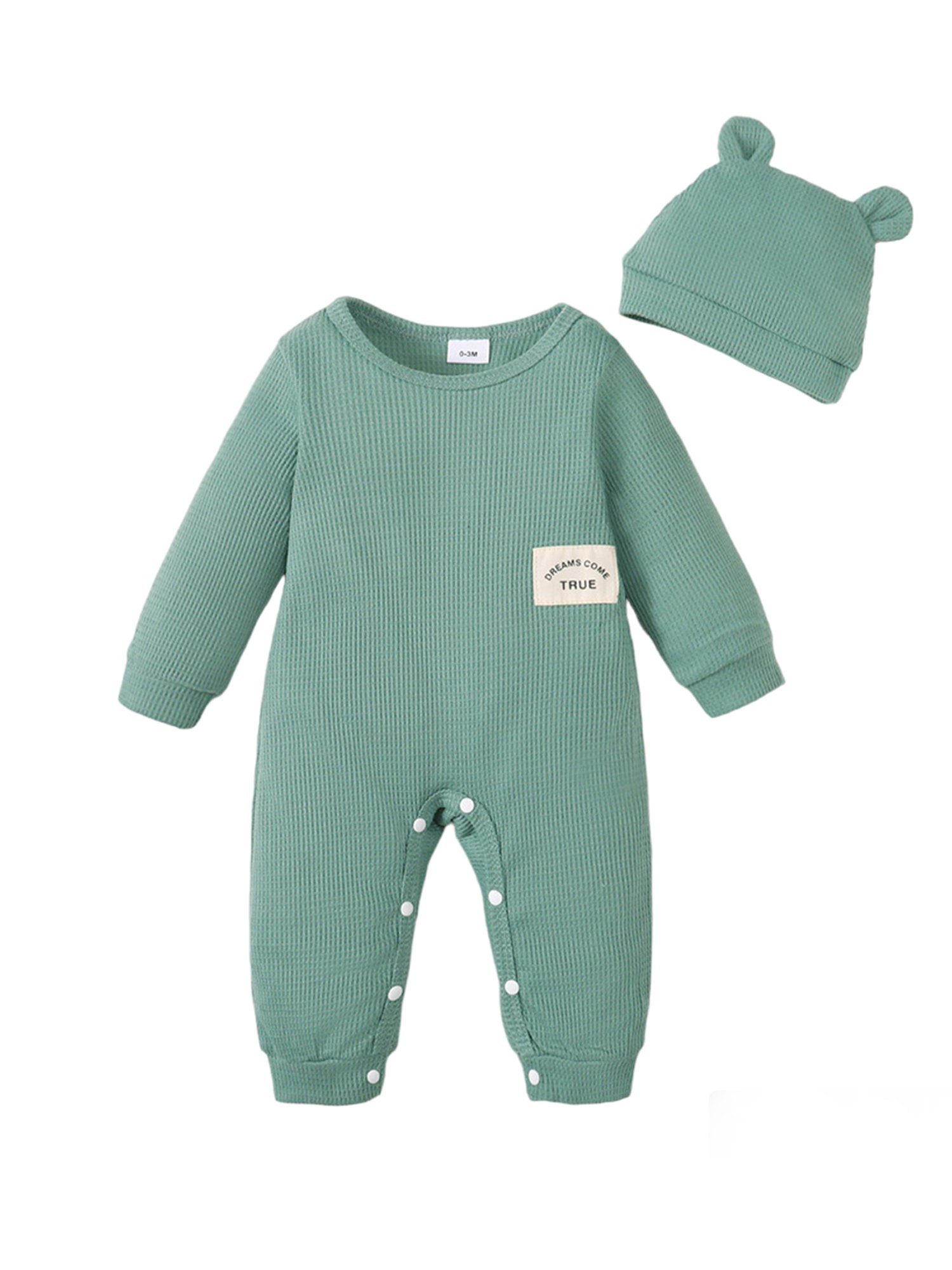 Lapastyle Strampler Unisex Baby Einfarbiger Strampler mit langen Ärmeln, mit Hut Waffelstoff, atmungsaktiv, Lässiger Alltagsanzug Hellgrün